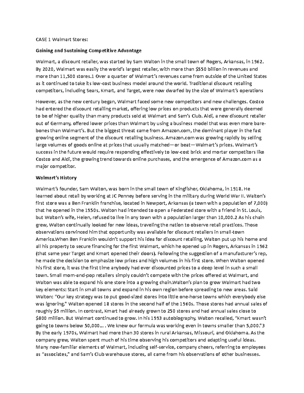 CASE 1 Walmart Stores CASE 1 Walmart Stores Gaining and Sustaining
