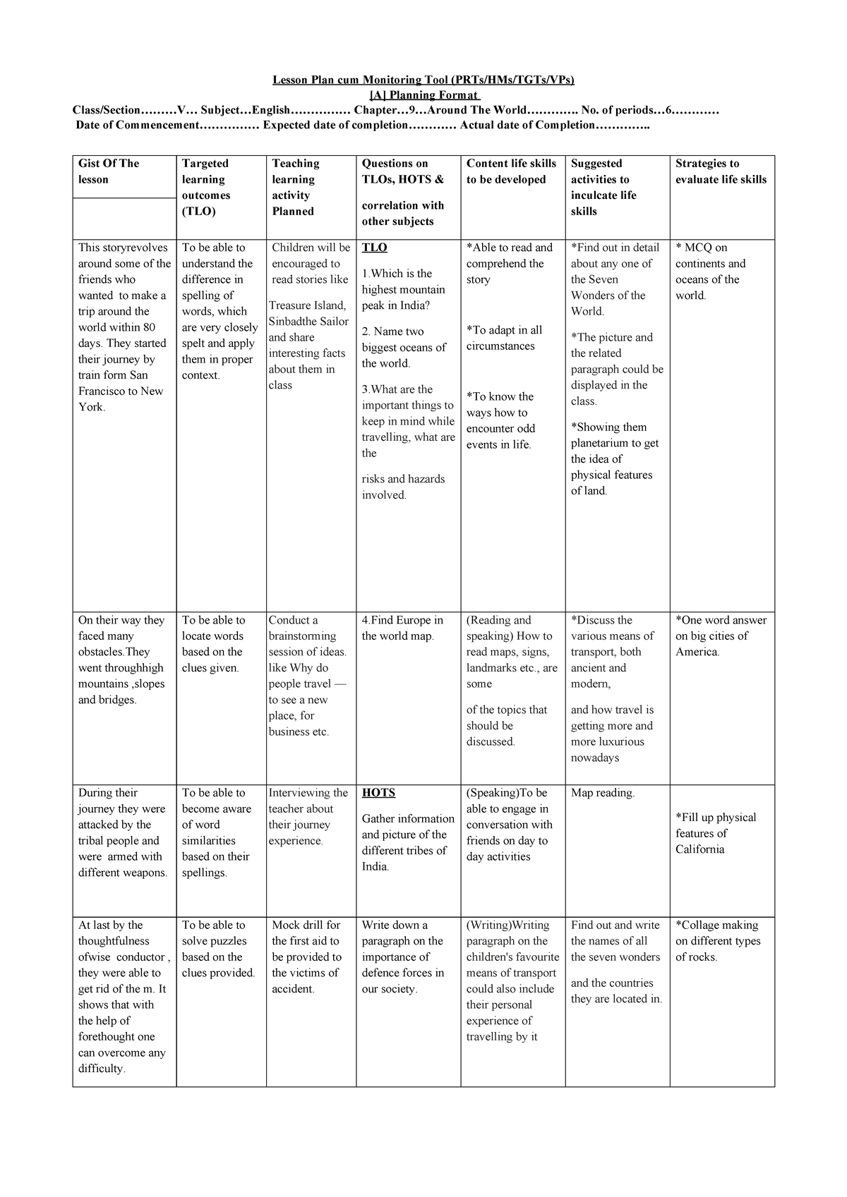 Around The World - Lesson Plan - Lesson Plan cum Monitoring Tool (PRTs ...