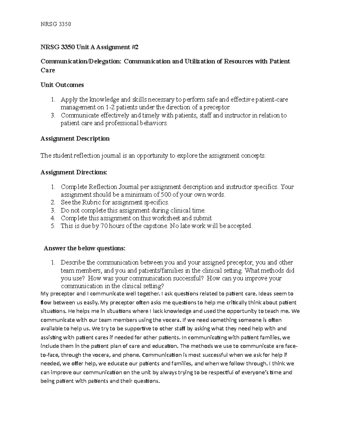 Communication-Delegation Assignment #2 - NRSG 3350 NRSG 3350 Unit A ...