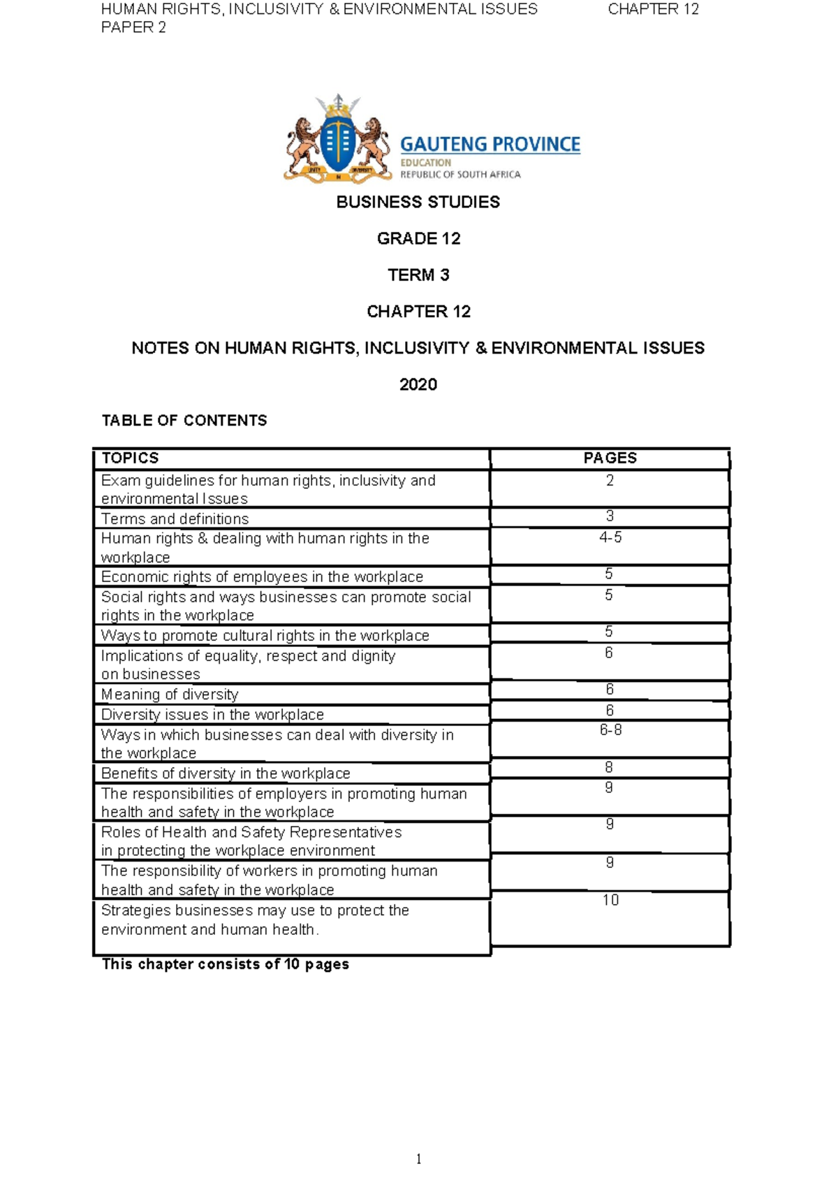 Gr12 chapter 12Human Rights, inclusivithy and environmental issues