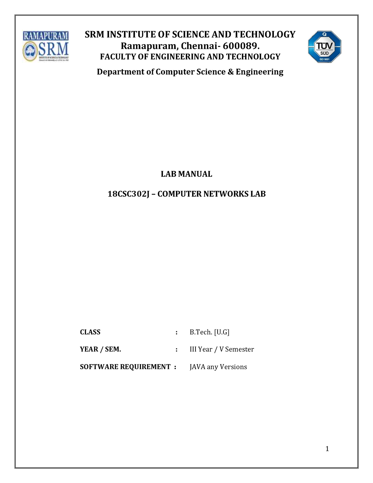 18CSC302J CN LAB Manual - 1 SRM INSTITUTE OF SCIENCE AND TECHNOLOGY ...