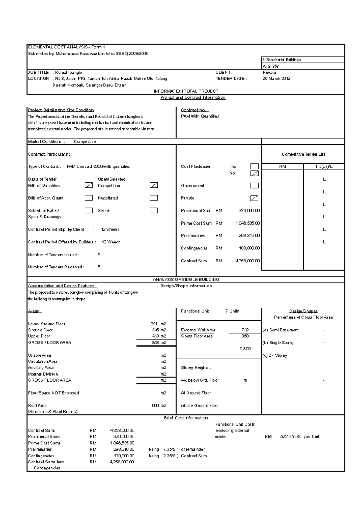 ECA form for bungalow - ELEMENTAL COST ANALYSIS - Form 1 Submitted by ...