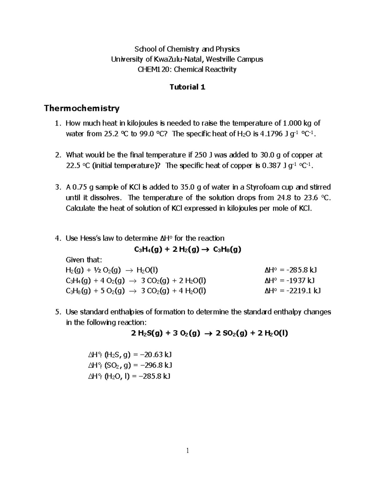 Thermochemistry Tutorial 2020 - 1 School Of Chemistry And Physics 