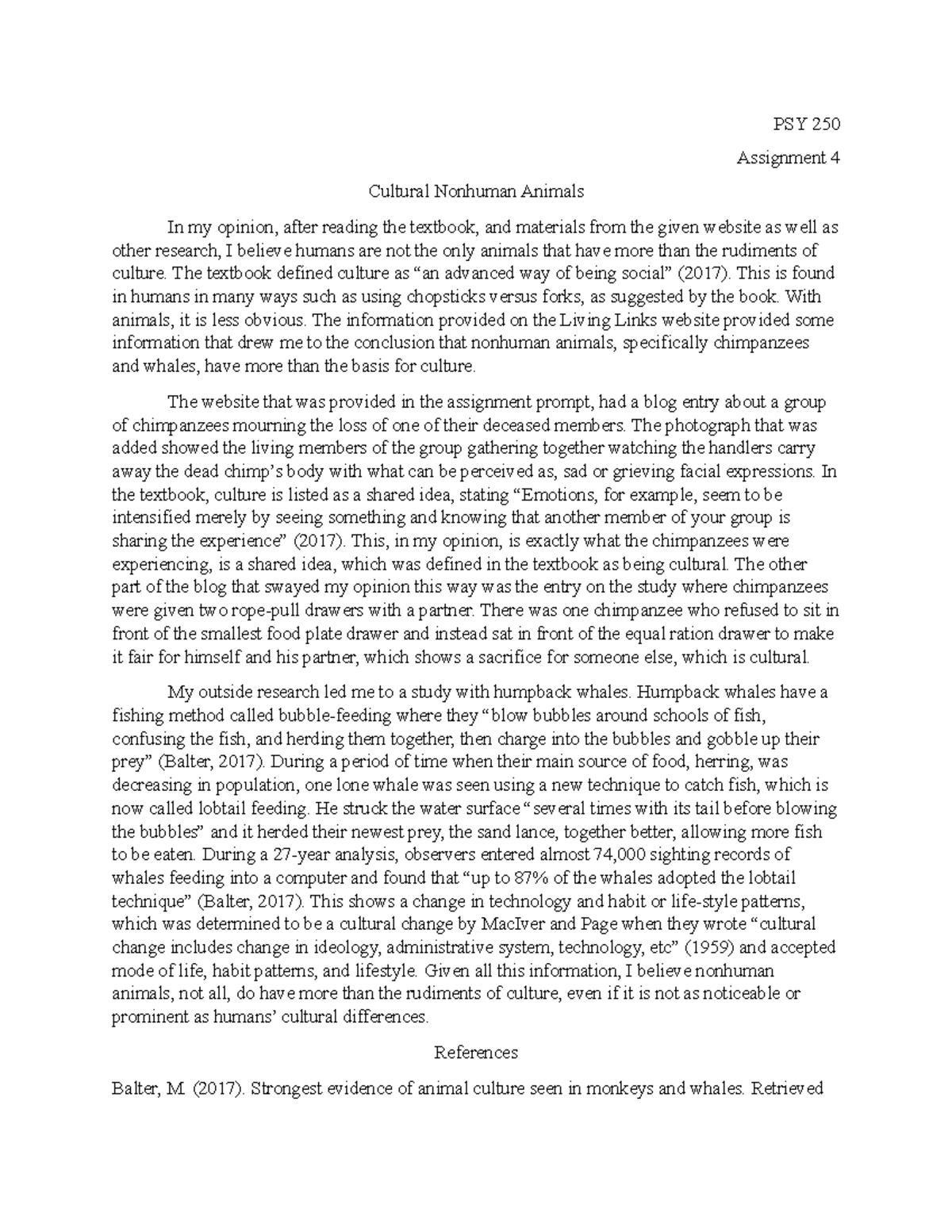 Assignment 4 cultural nonhuman animals psy 250 assignment 4 