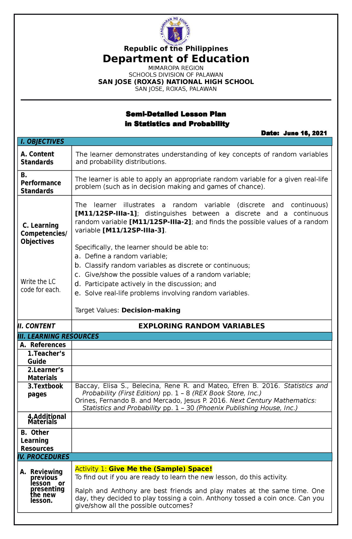 Cot 1 Dll 2020 2021 12w13e23r Republic Of The Philippines Department Of Education Mimaropa 9216