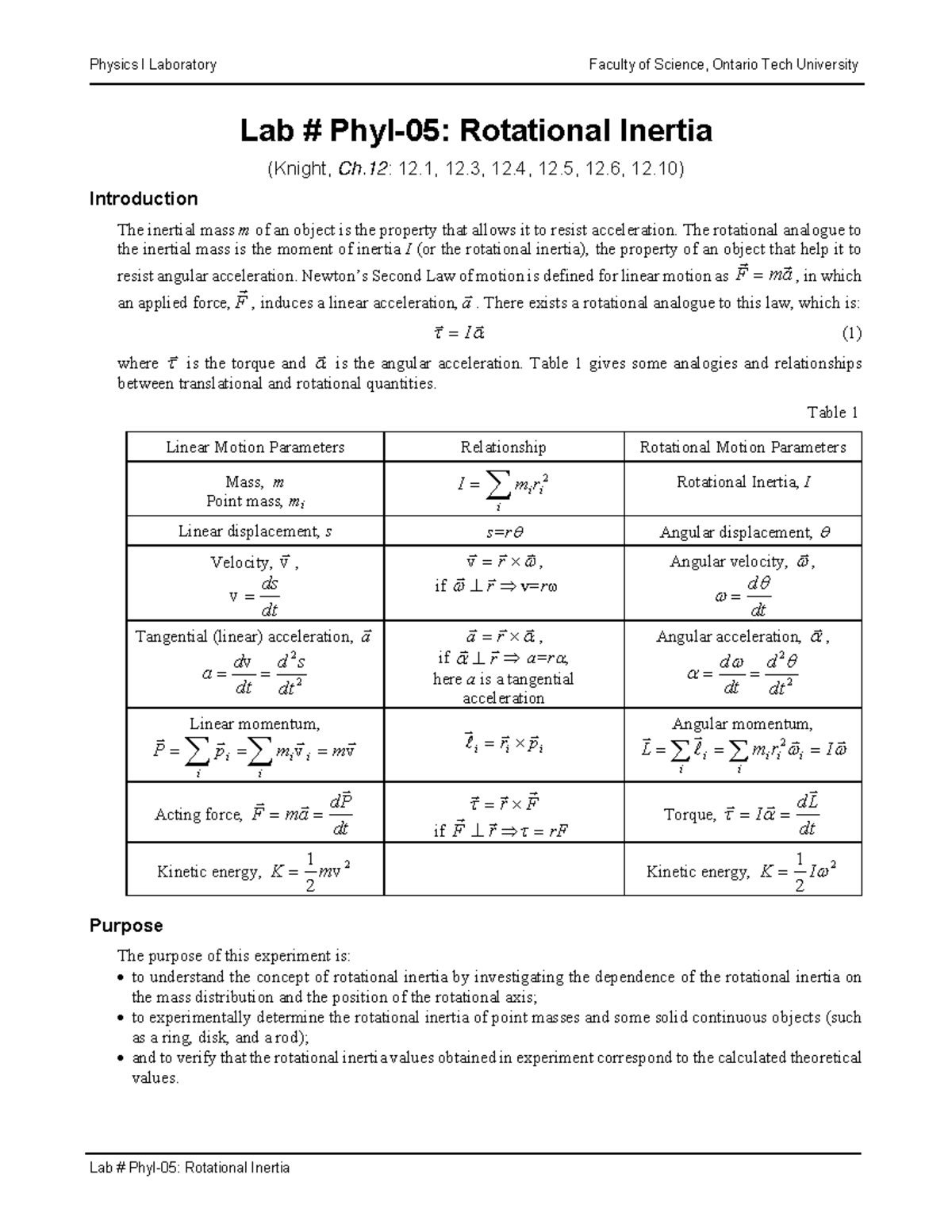 Rotational Inertia for Physics I - Lab # PhyI-05: Rotational Inertia ...