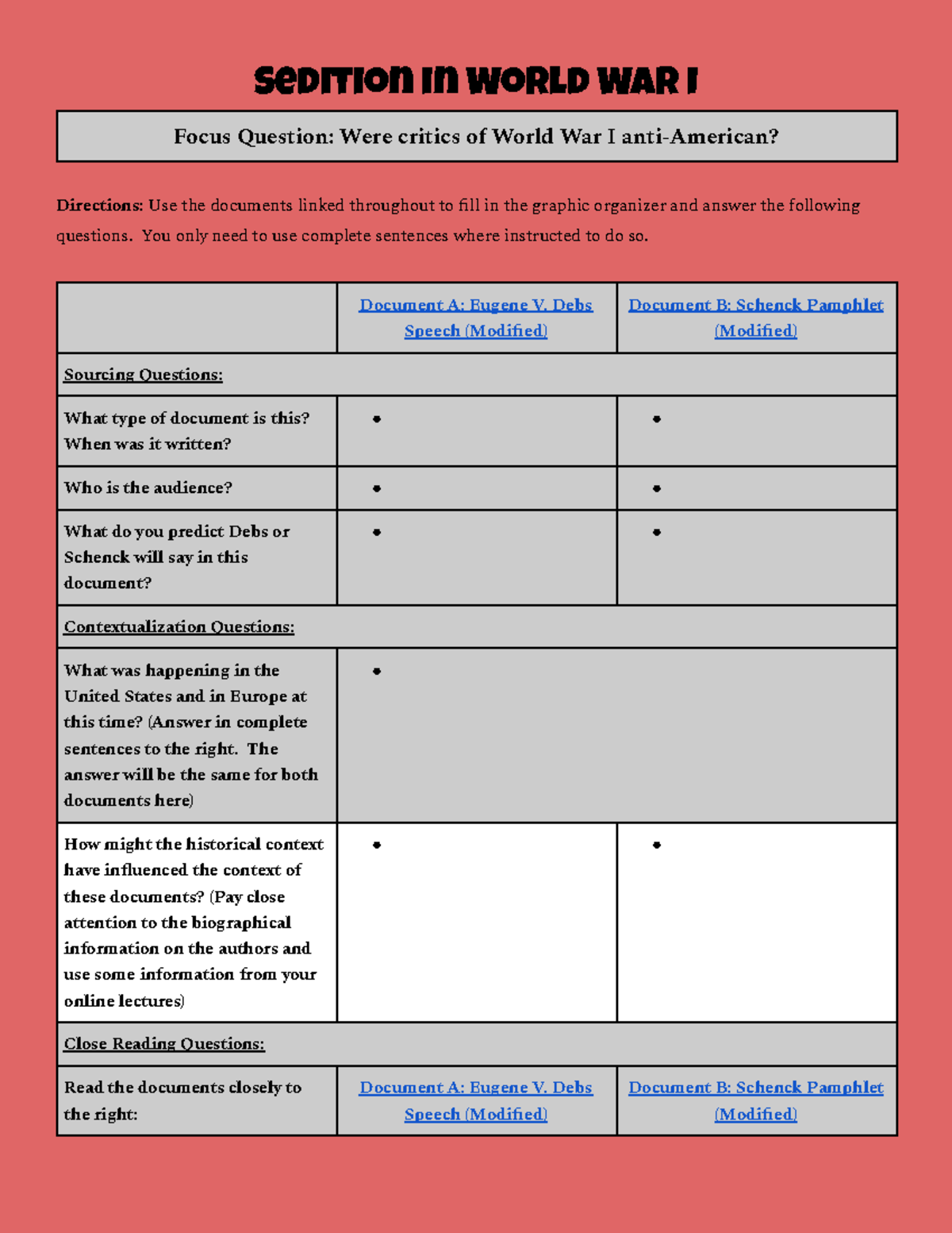 Copy of Sedition in World War I - Sedition in World War I Focus ...