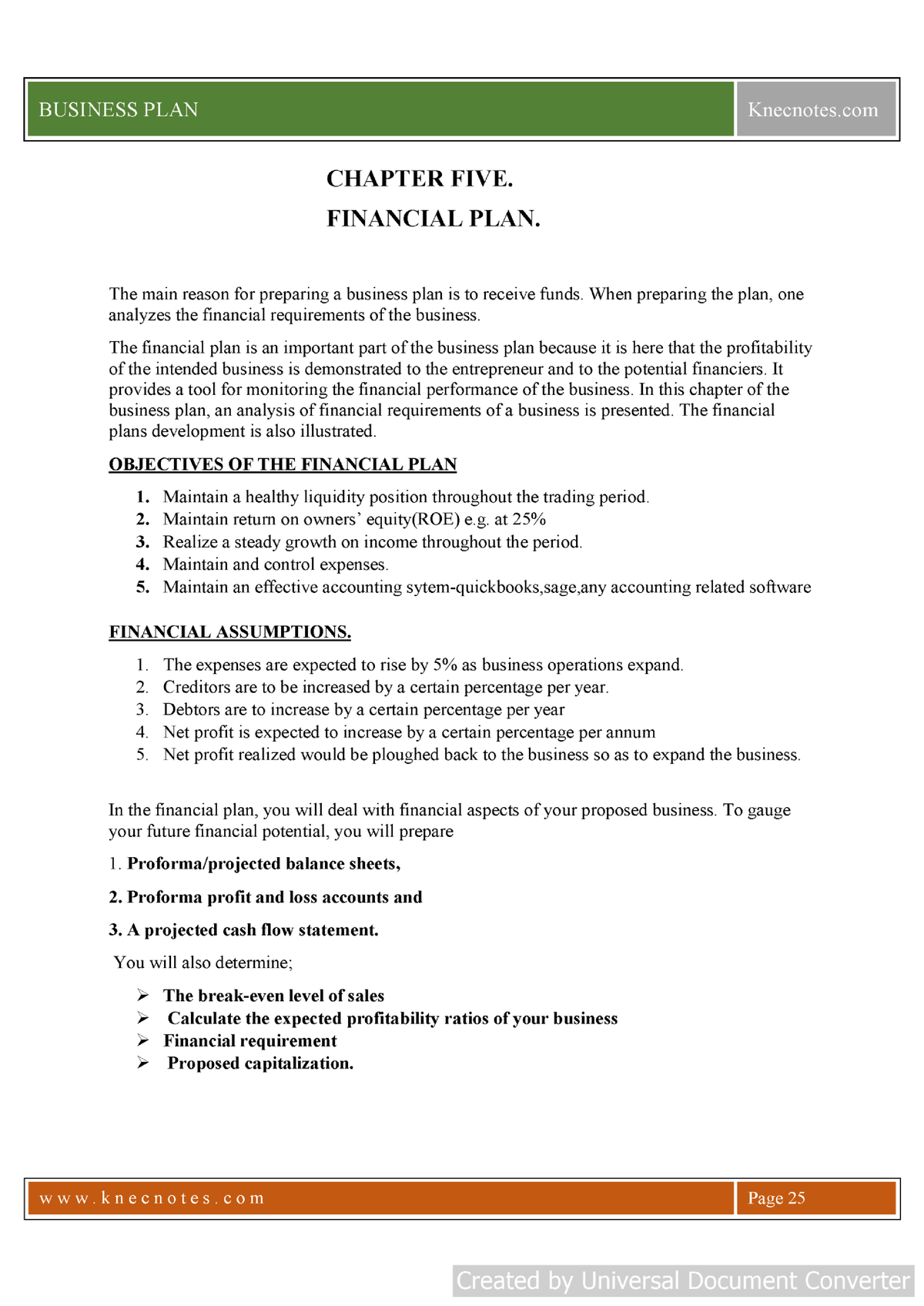 business plan chapter 5 sample