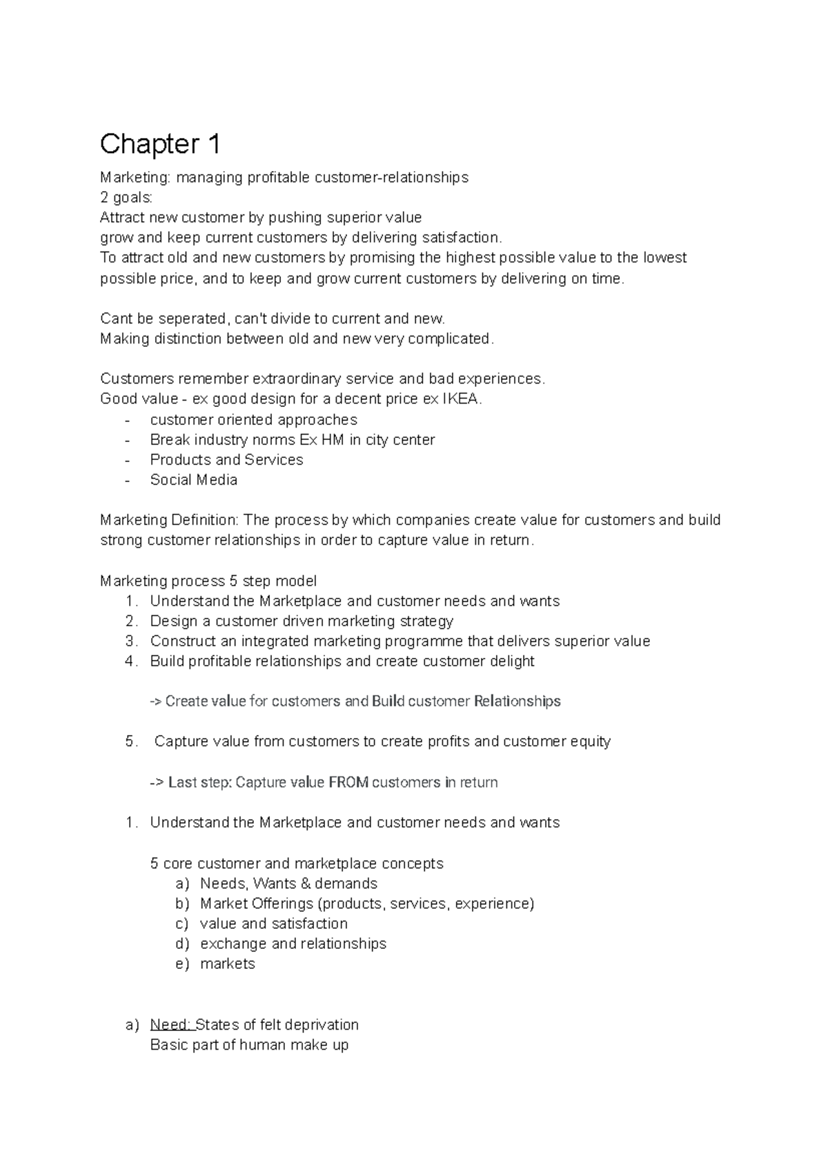 Summary Notes from when I studied Principles of Marketing - Chapter 1 ...