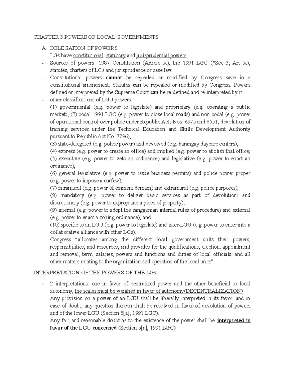 Chapter 3 Powers OF Local Governments CHAPTER 3 POWERS OF LOCAL