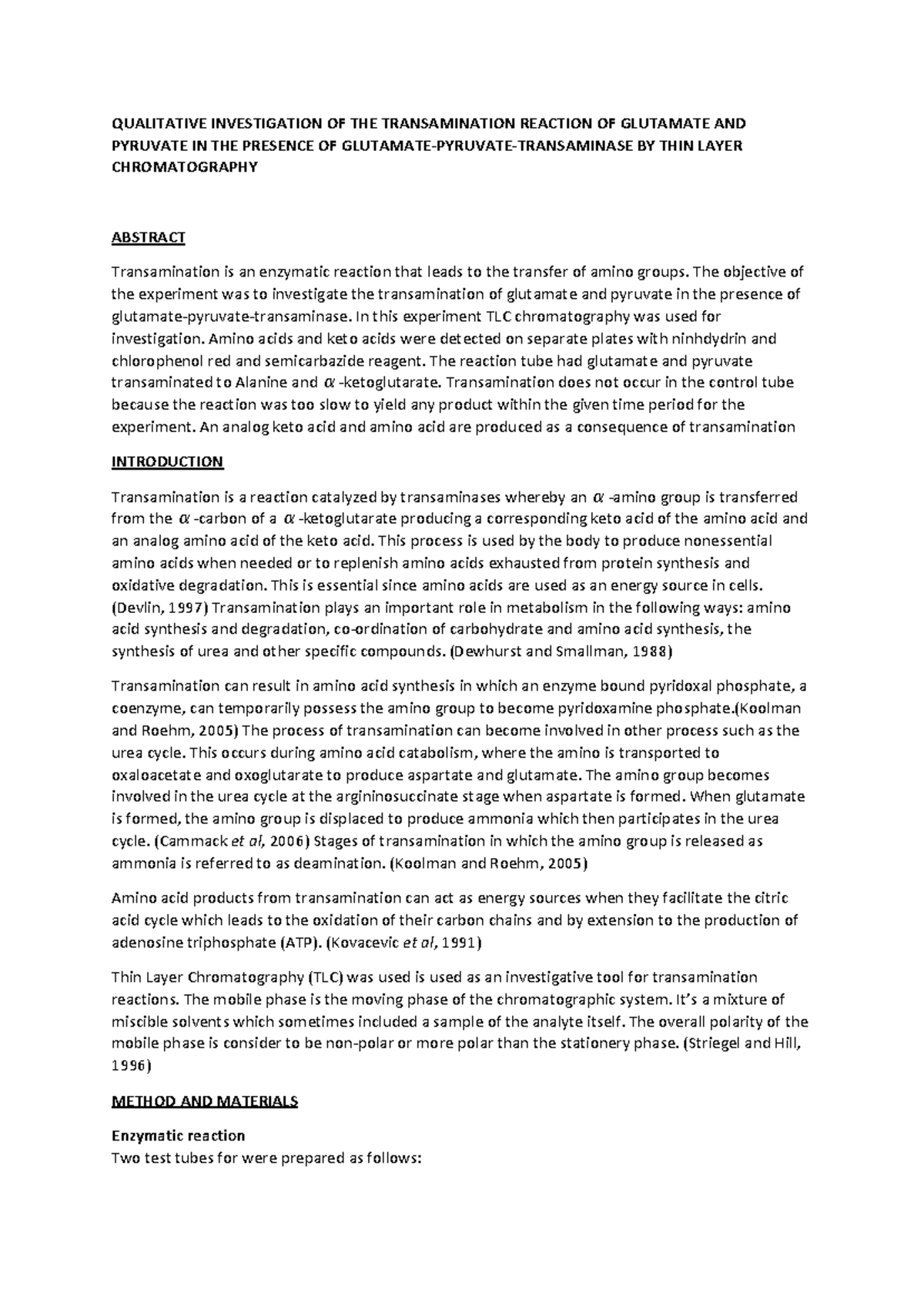 Transamination Reaction Of Glutamate - Qualitative Investigation Of The 