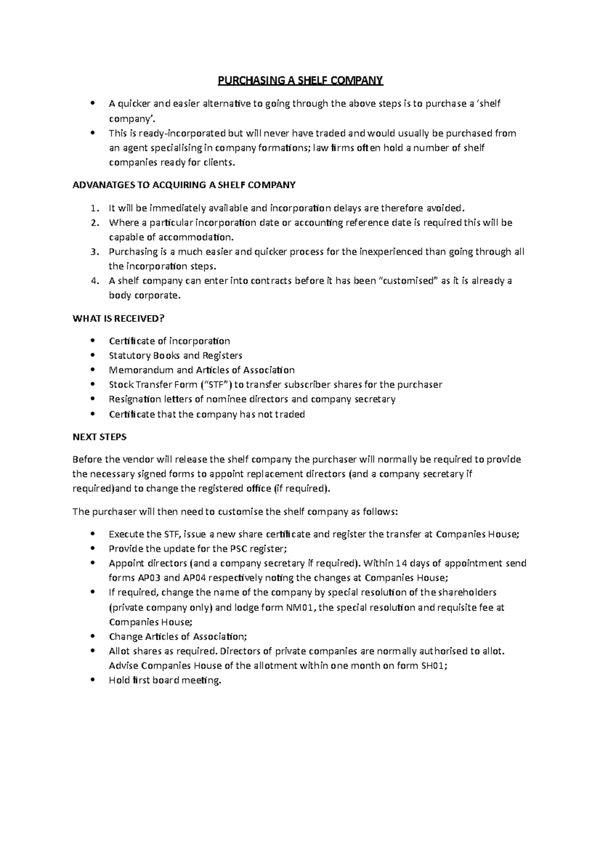 Purchasing a shelf company PURCHASING A SHELF COMPANY A quicker and easier alternative to