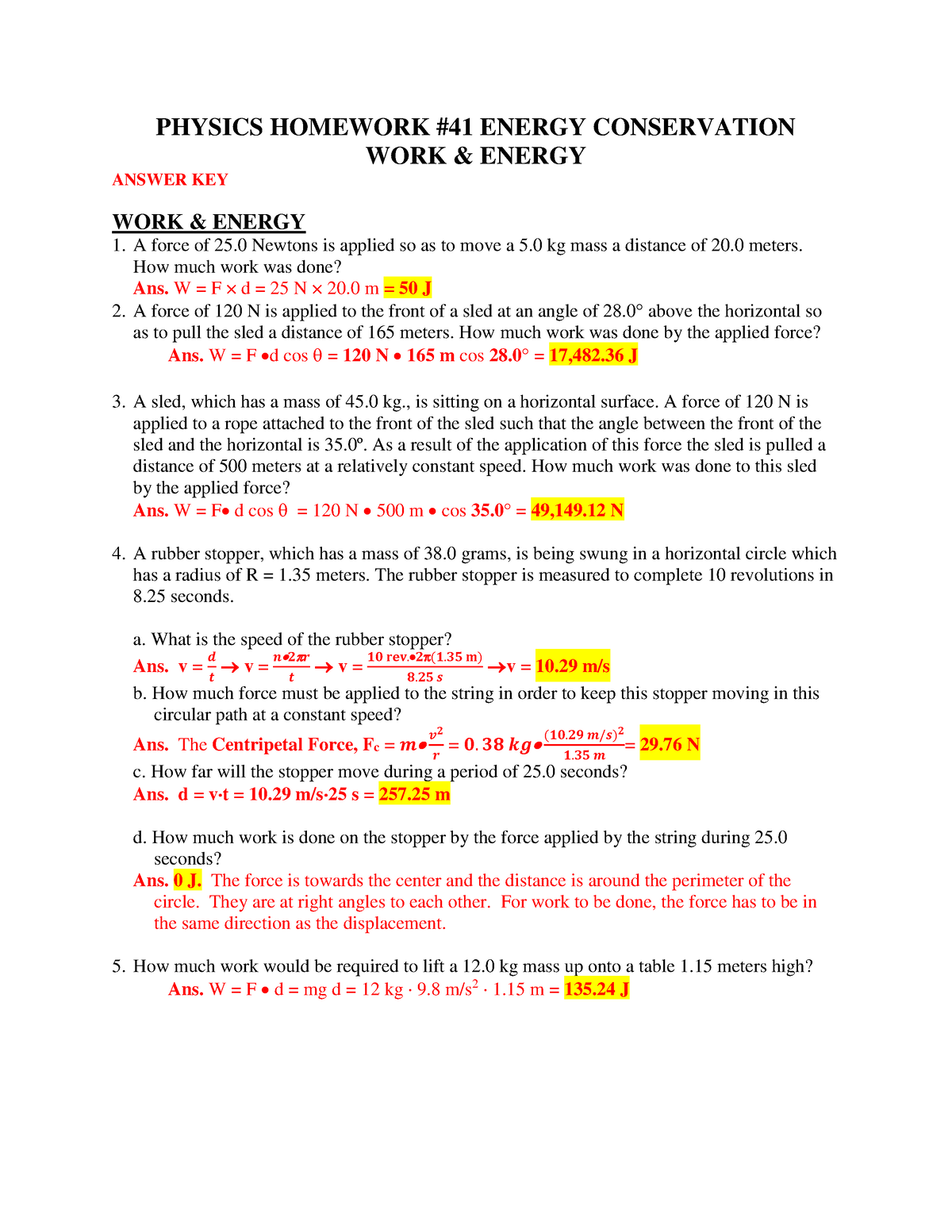 Hw Work And Energy Ans Key First Half - PHYSICS HOMEWORK #41 ENERGY ...