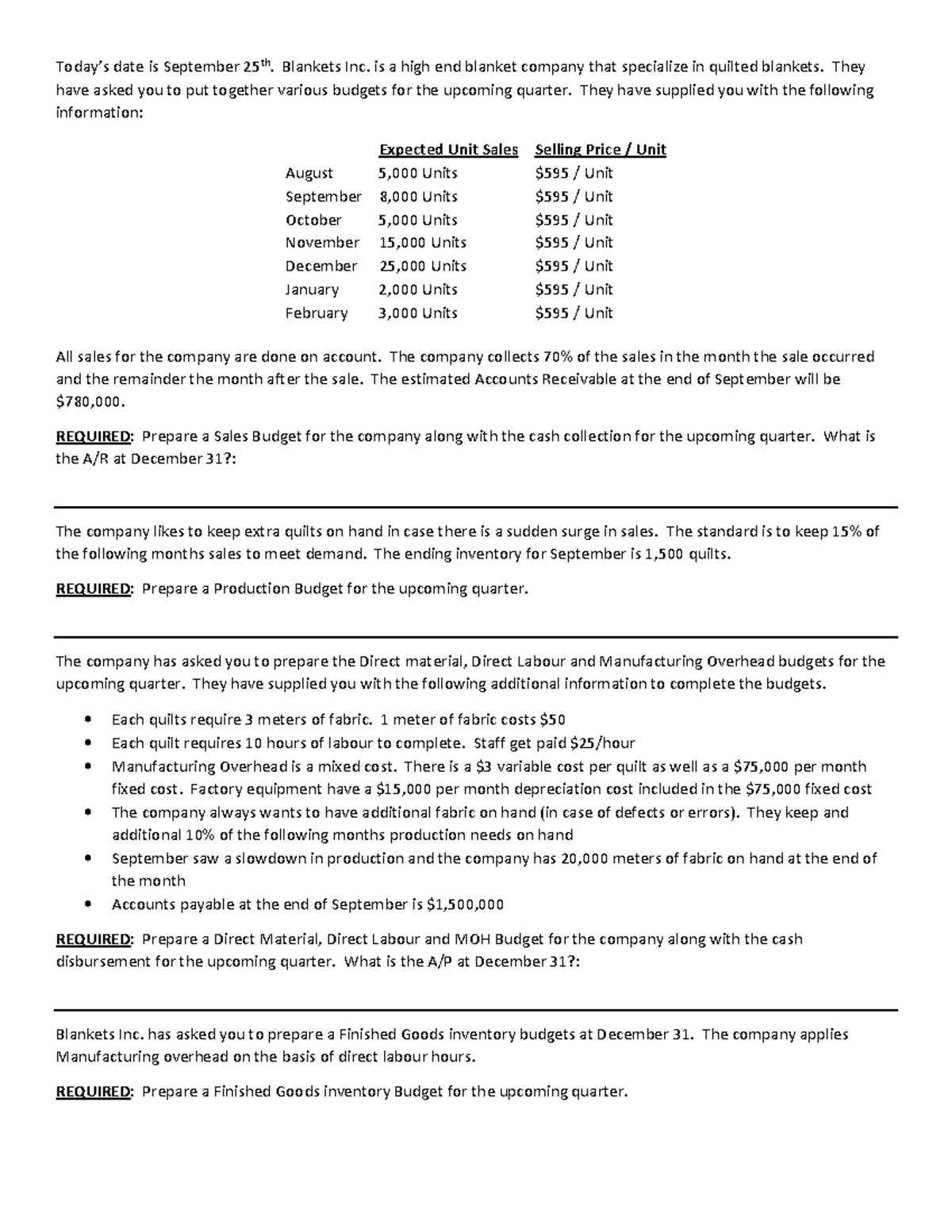 Blankets Inc Chapter 7 in class Today’s date is September 25th. Blankets Inc. is a high end