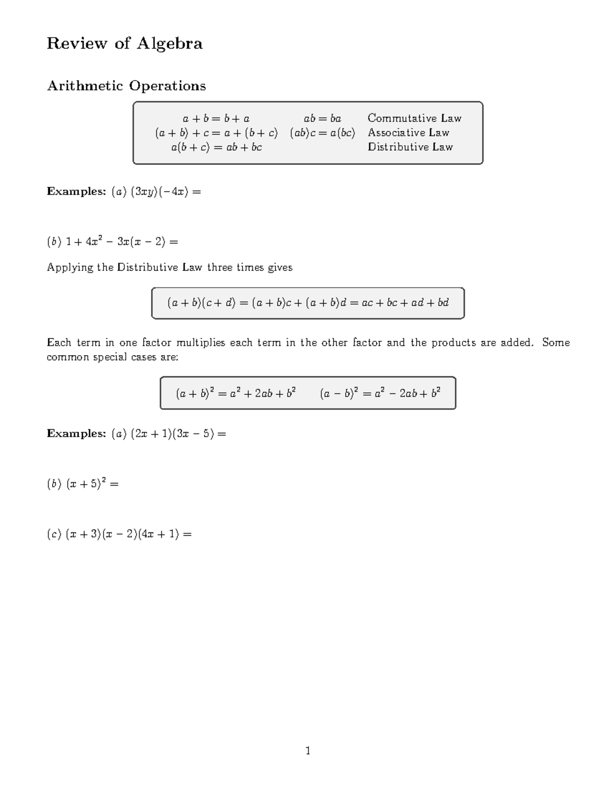 0 Review of Algebra Blank - Review of Algebra Arithmetic Operations a ...
