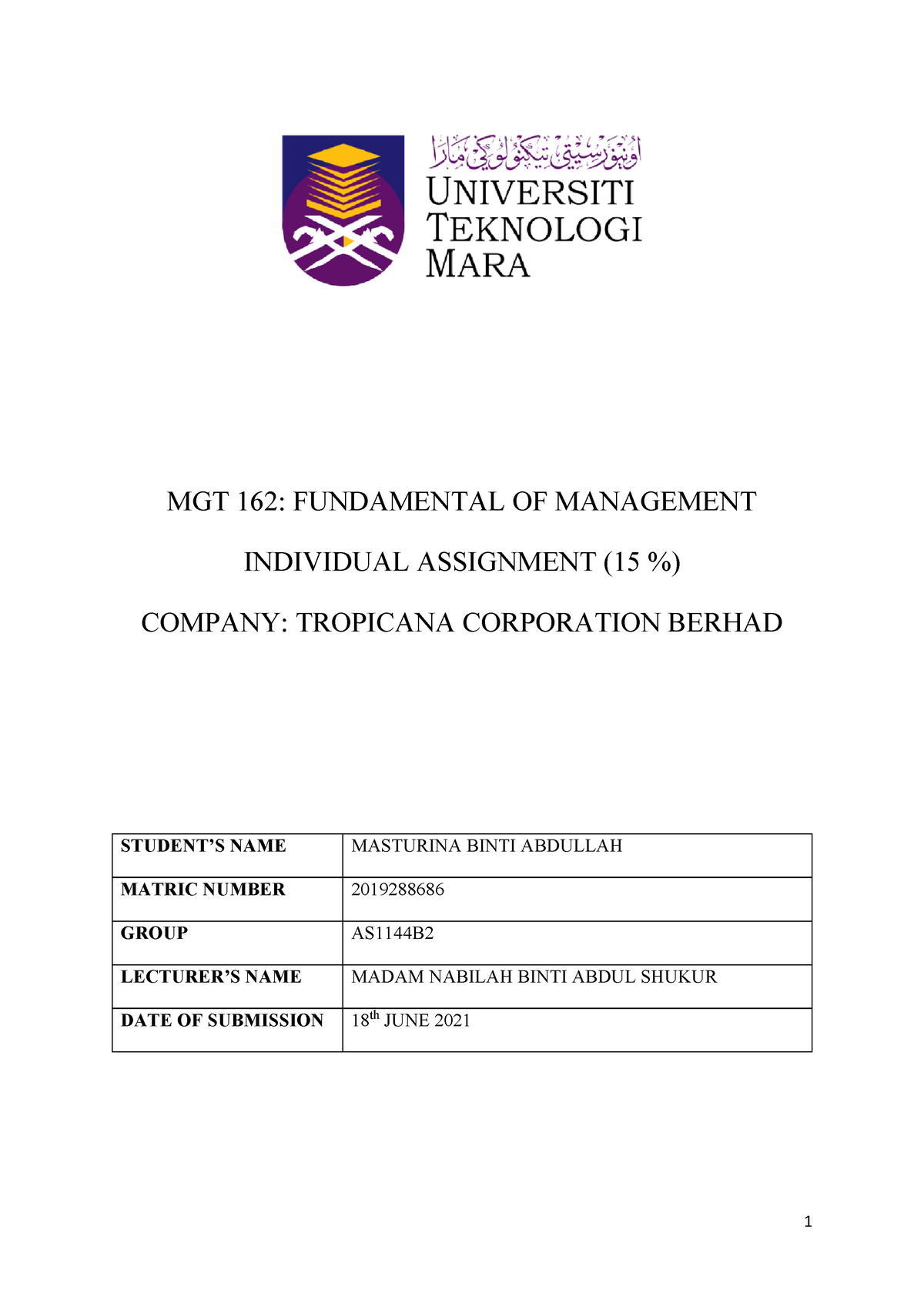 Individual Assessment Mgt162 - MGT 162: FUNDAMENTAL OF MANAGEMENT ...