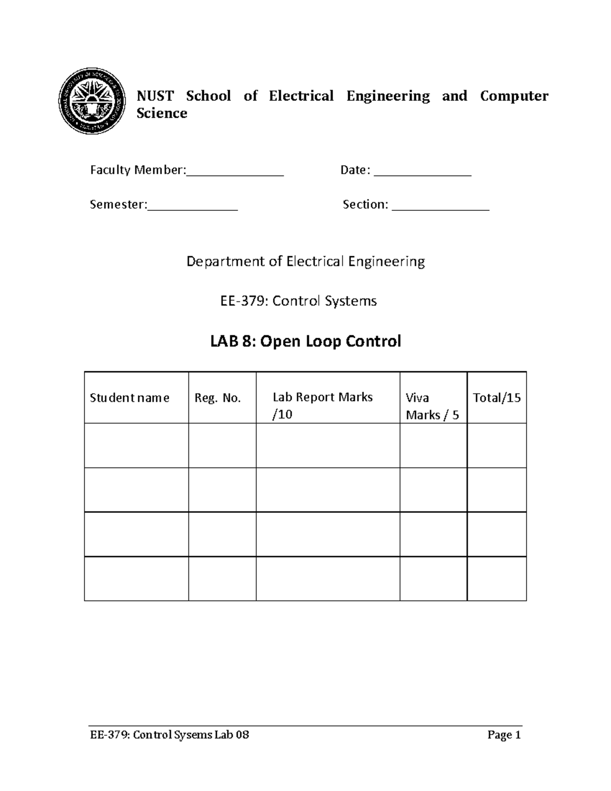 Control Systems Lab 08 Department of Electrical Engineering EE379