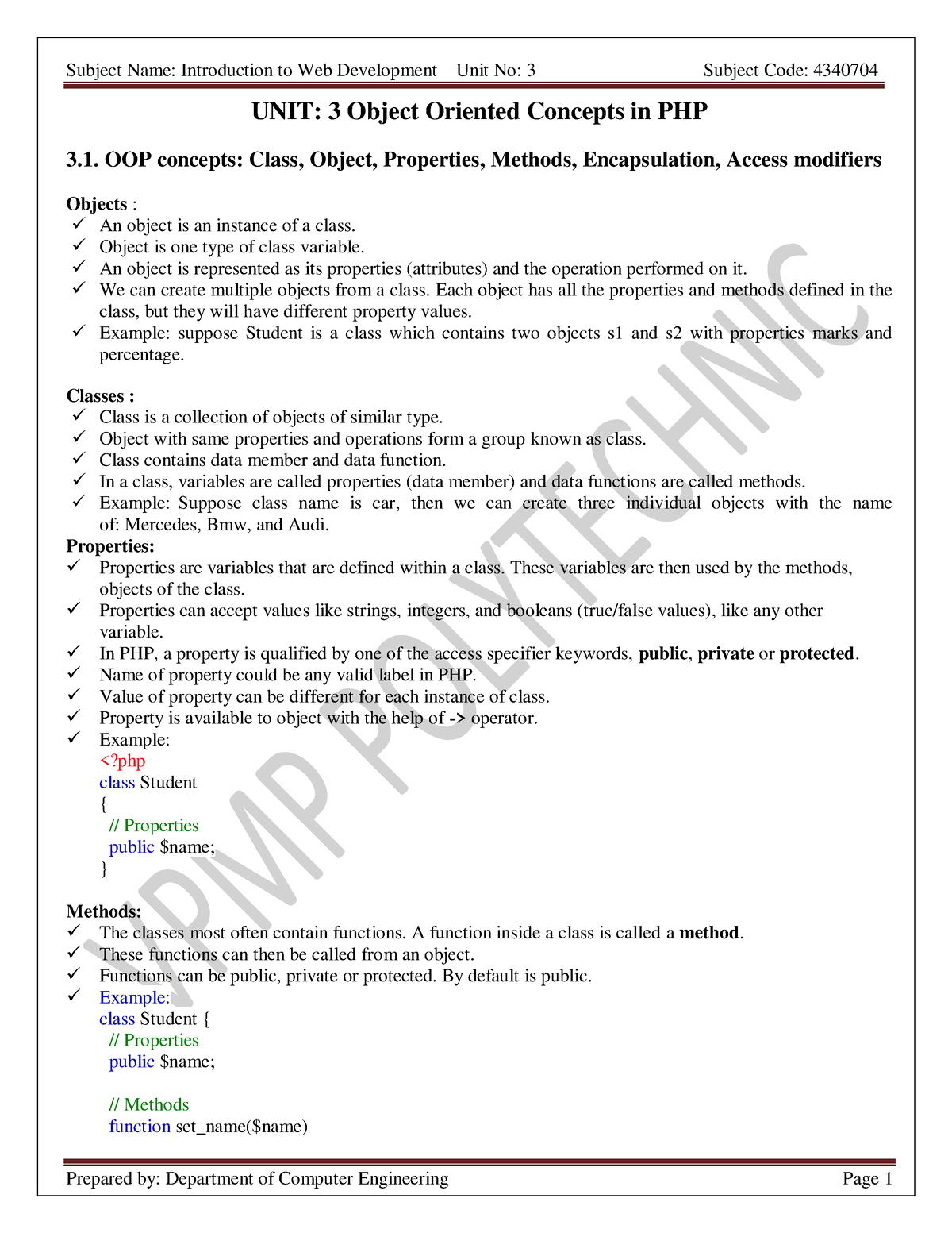 Unit-3 - UNIT: 3 Object Oriented Concepts In PHP 3. OOP Concepts: Class ...