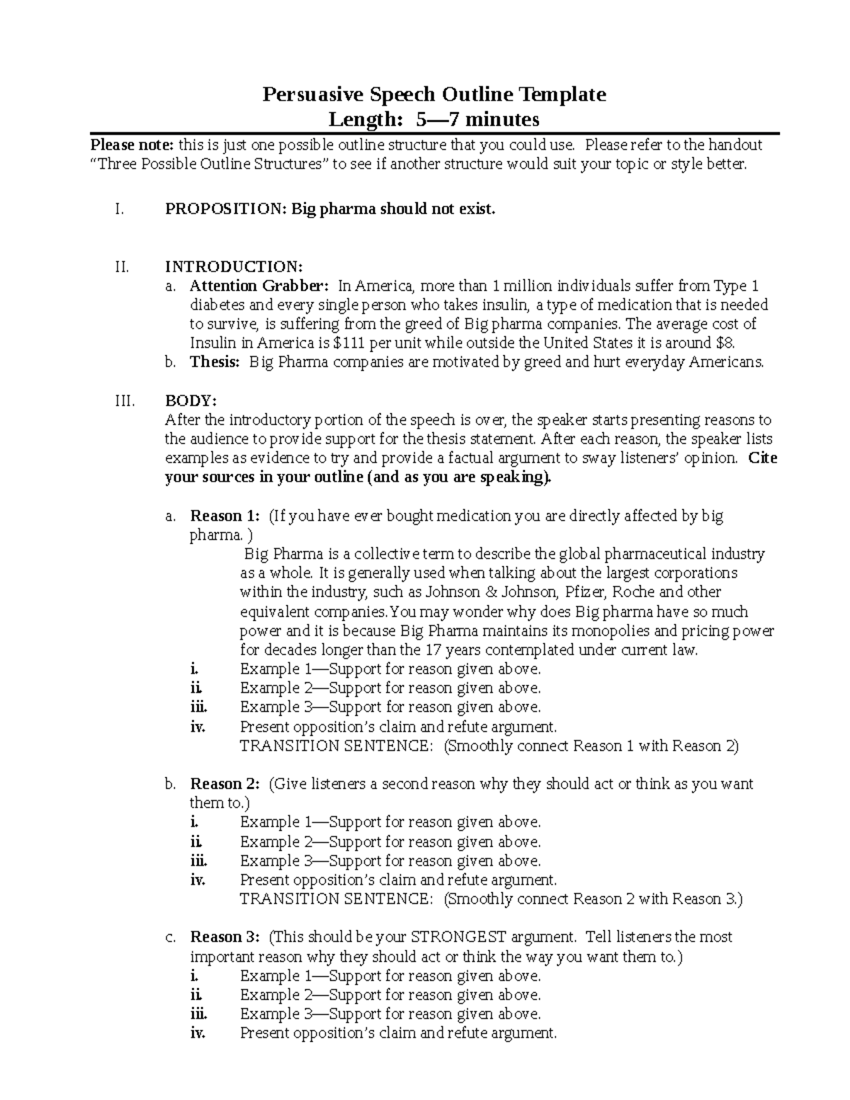 Persuasive Speech Outline Template 2 - Persuasive Speech Outline ...