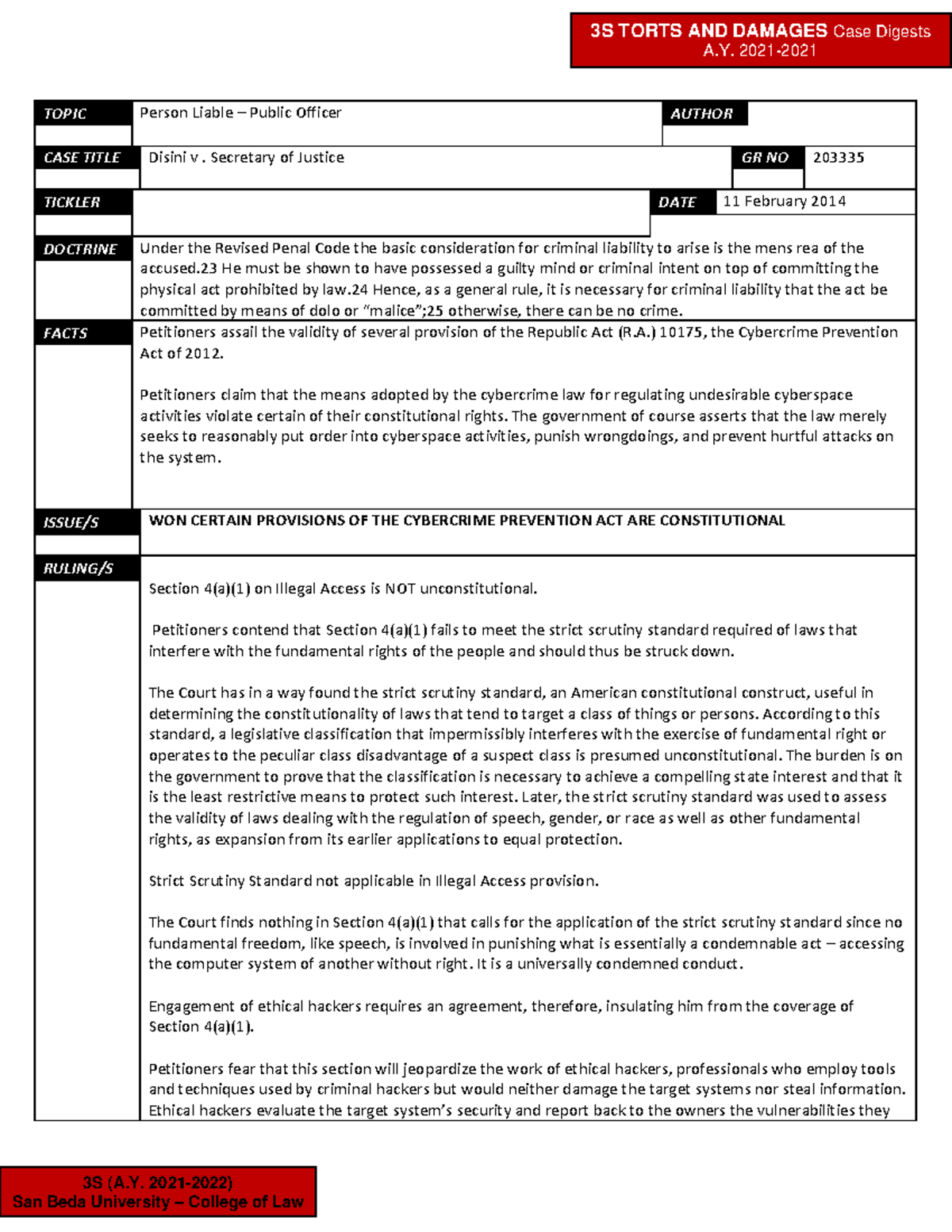 Case digest Disini v . Secretary of Justice - A. 2021- 3S (A. 2021-2022 ...