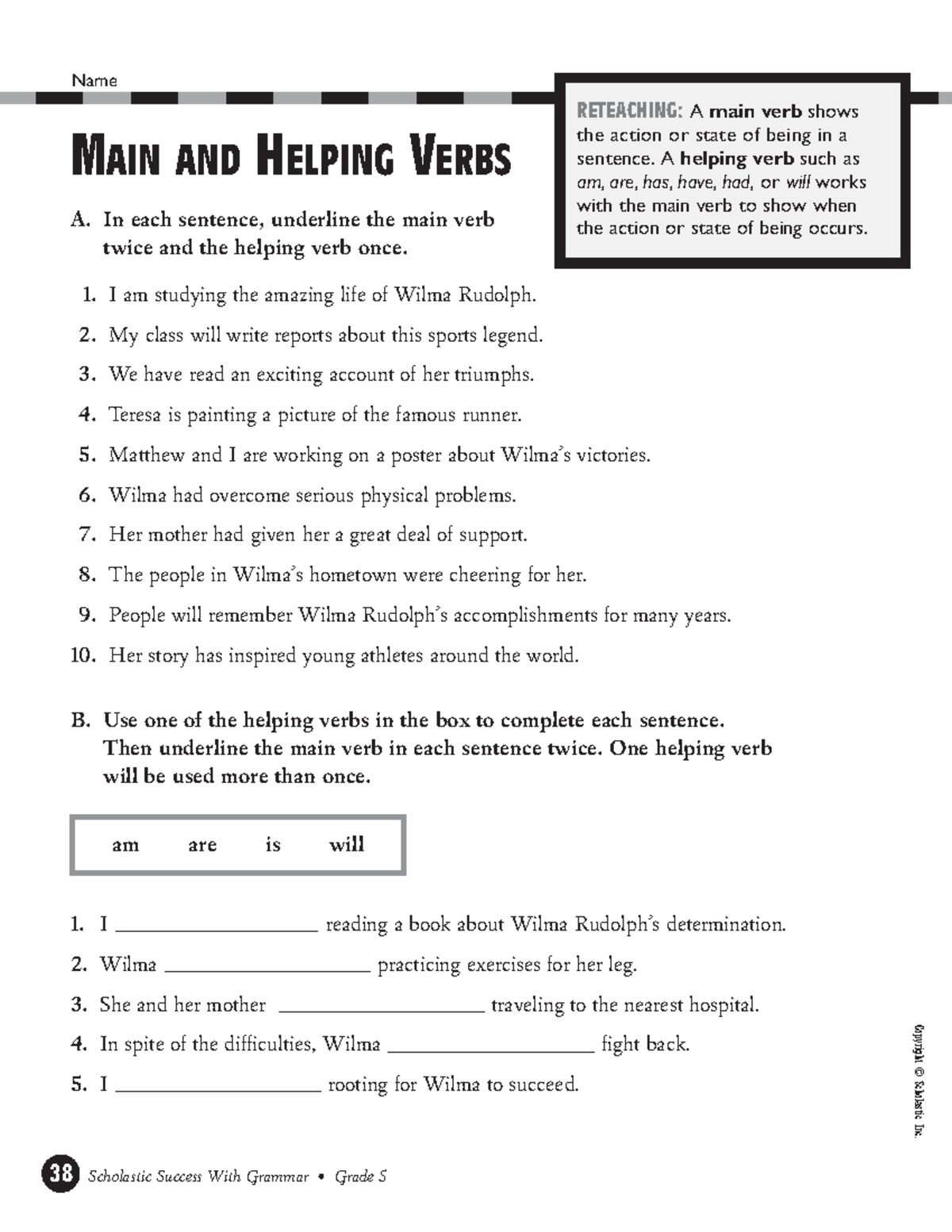 Helping Verbs Verb Phrases Worksheet - Copyright © Scholastic Inc. Name ...