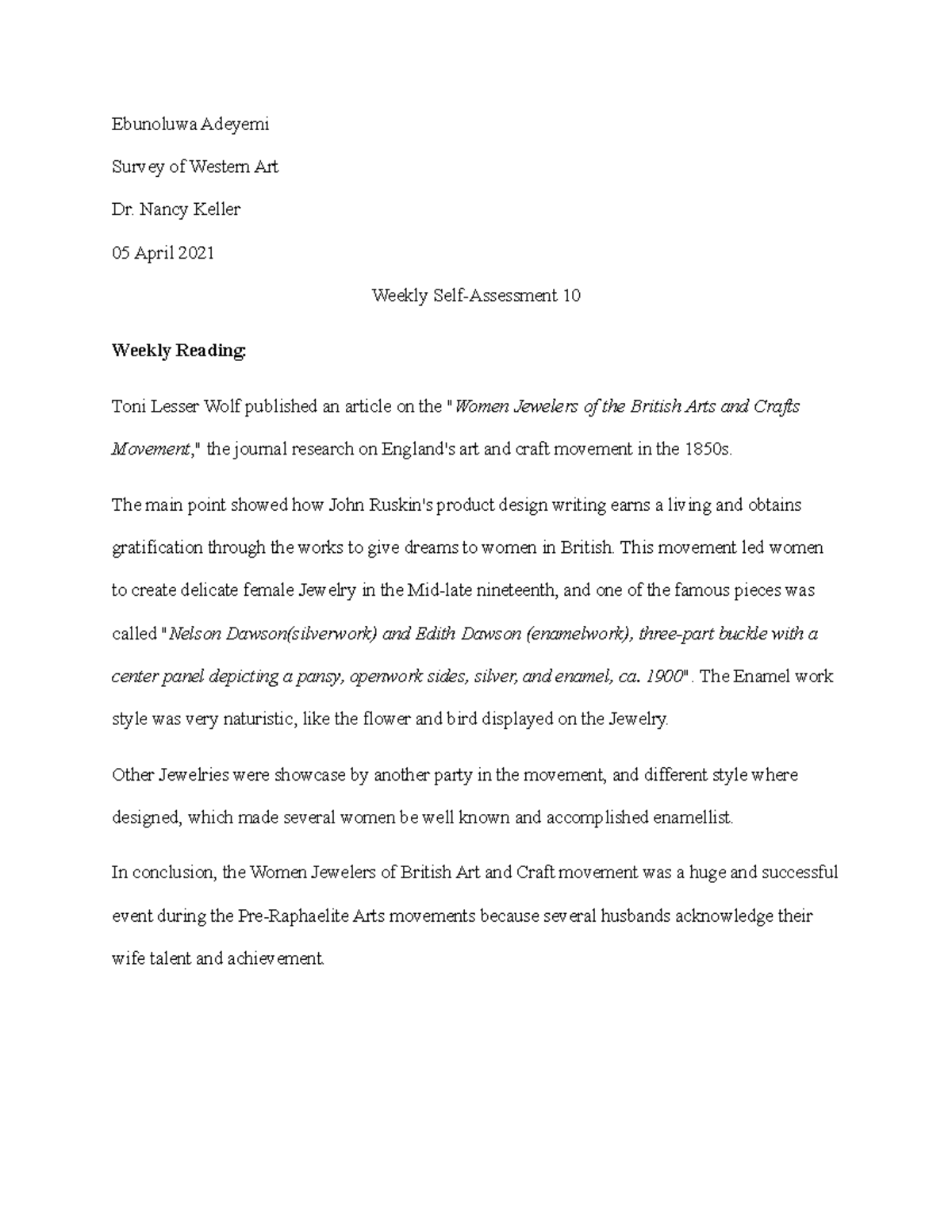 Weekly SelfAssessment 10 Ebunoluwa Adeyemi Survey of Western Art Dr