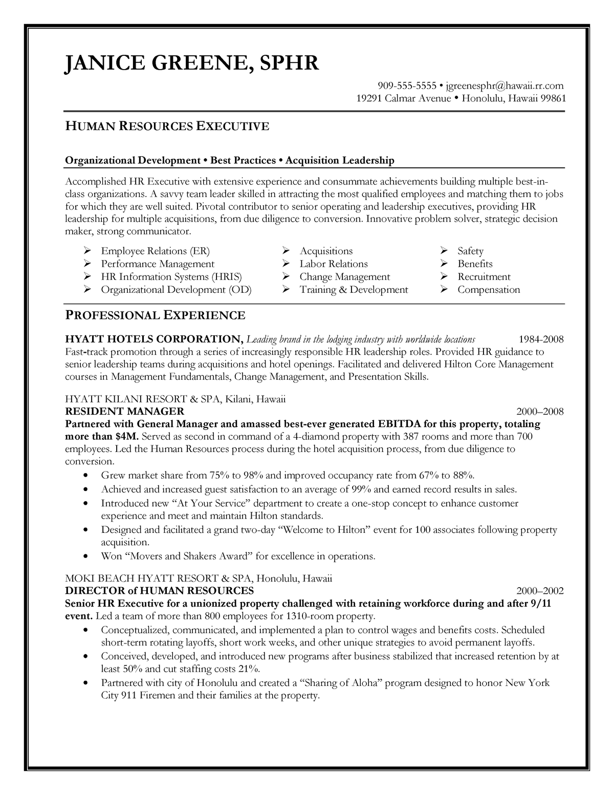 Executive resume template 1 - JANICE GREENE, SPHR 909 -555-5555 ...
