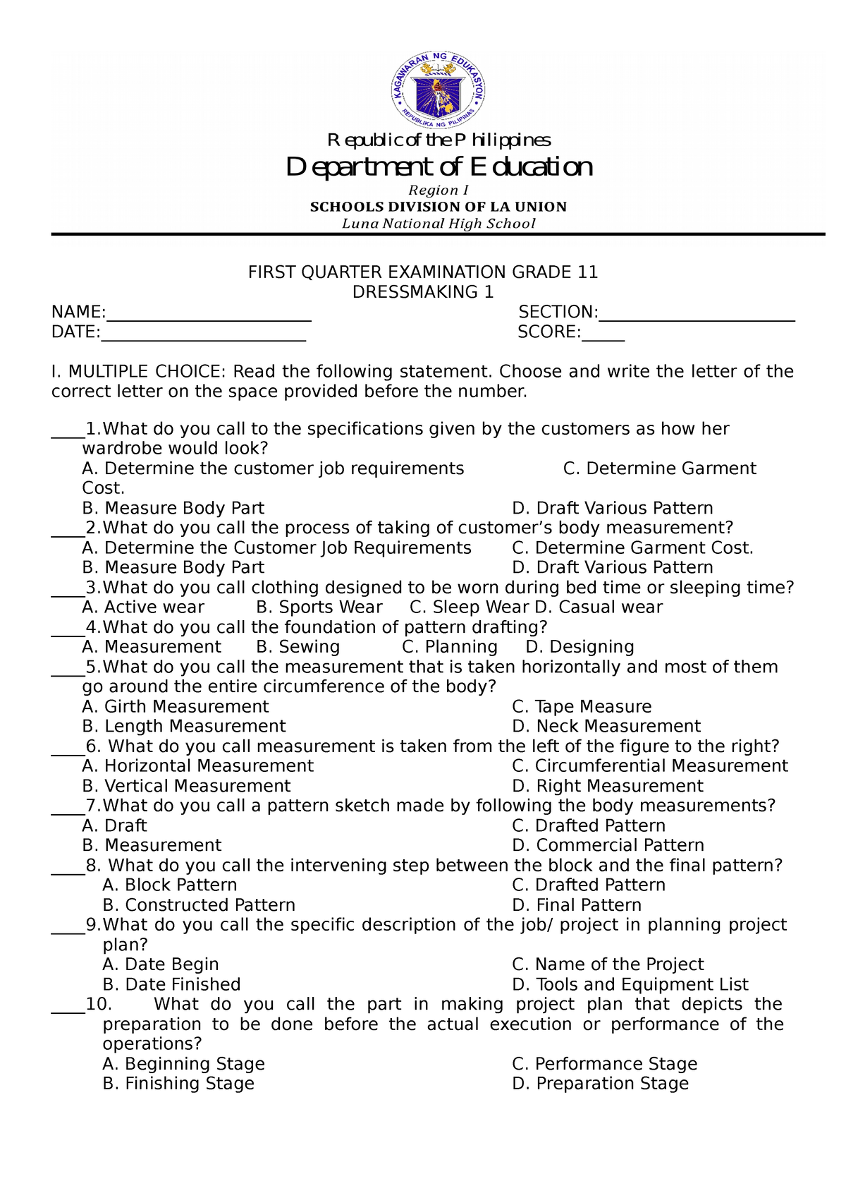 DM 1 2022 20223 1ST Quarter EXAM - FIRST QUARTER EXAMINATION GRADE 11 ...