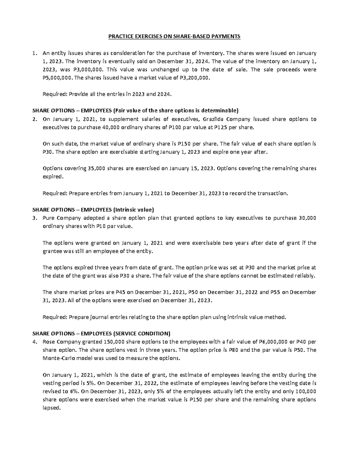 Practice Exercises ON Share Based Payment - PRACTICE EXERCISES ON SHARE ...