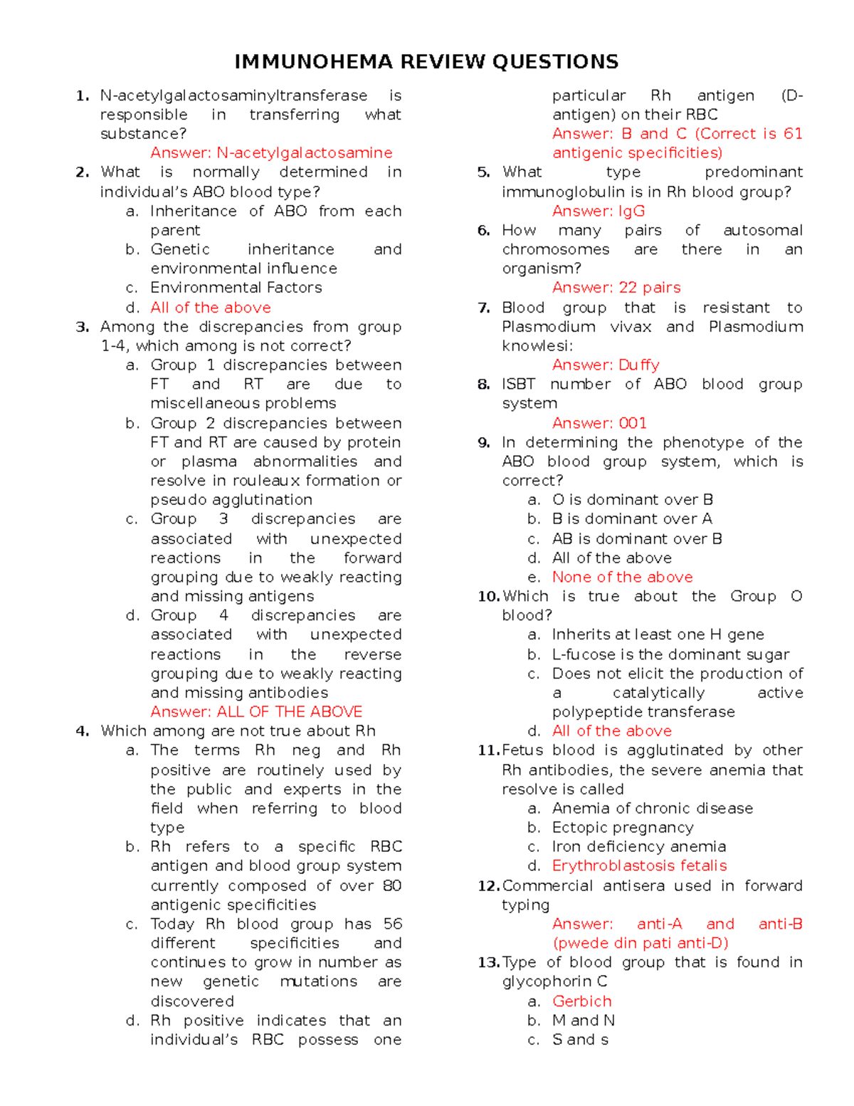 Immunohematology- Review Questions - IMMUNOHEMA REVIEW QUESTIONS N ...