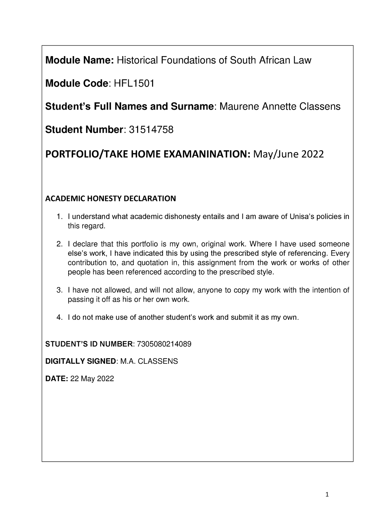 HFL1501 Portfolio 23 MAY 2022 - Module Name: Historical Foundations Of ...