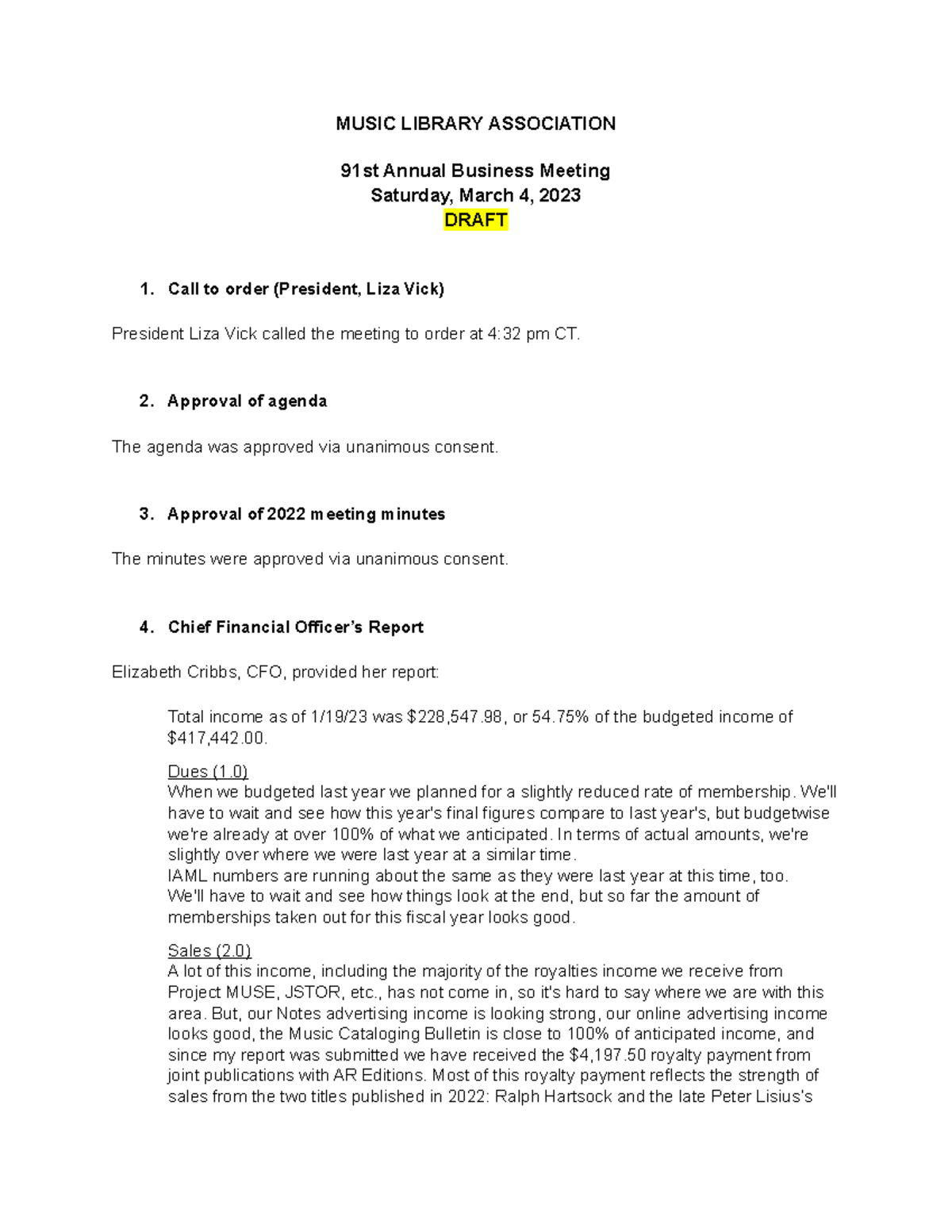 MLA Winter 2023 Business Meeting Draft MUSIC LIBRARY ASSOCIATION