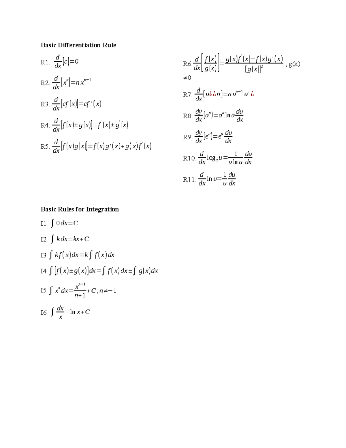 Formula - Summary Values Education - Basic Differentiation Rule R1. D 