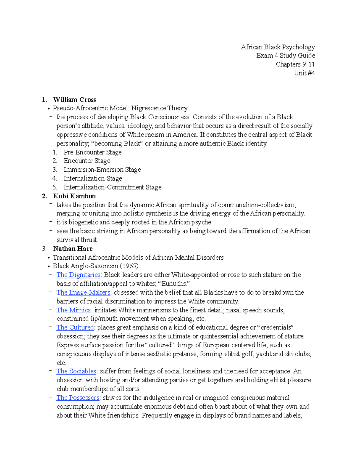 SOP3872 Exam 4 - African Black Psychology Exam 4 Study Guide Chapters 9 ...