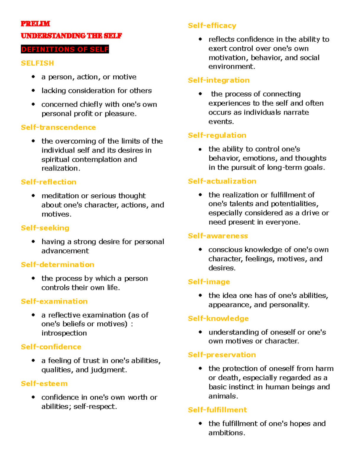 Prelim UTS PRELIM UNDERSTANDING THE SELF DEFINITIONS OF SELF SELFISH