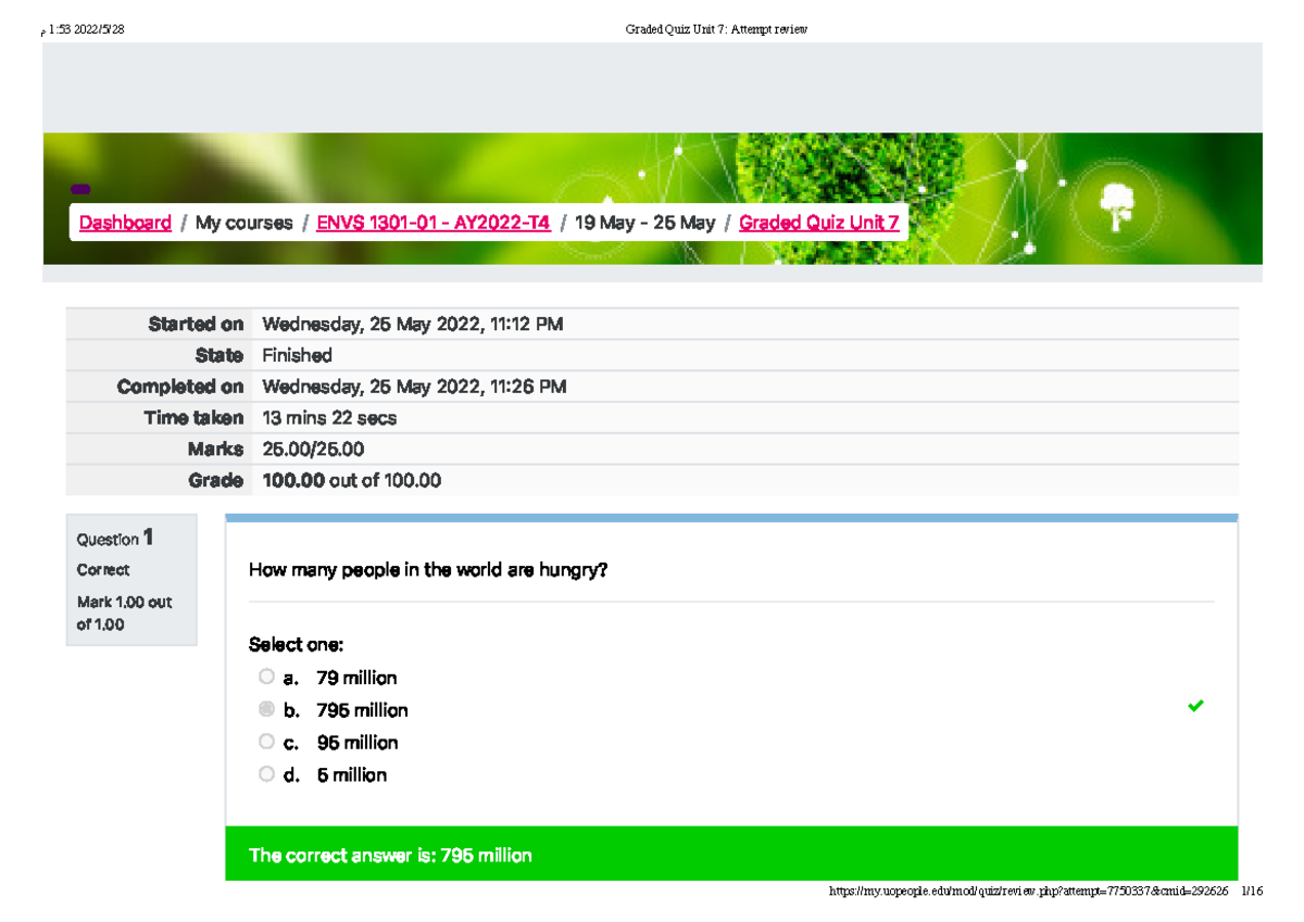 Graded Quiz Unit 7 ENVS 1301 - Question 1 Correct Mark 1 Out Of 1 ...