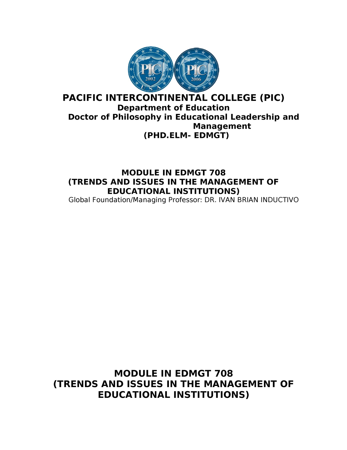 pacific intercontinental college thesis format