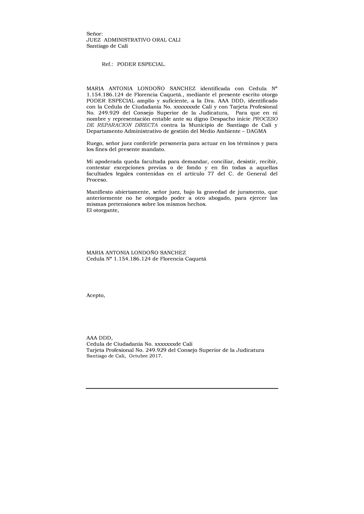 Modelo demanda Administrativa - Reparacion Directa - JUEZ ADMINISTRATIVO  ORAL CALI Santiago de Cali - Studocu