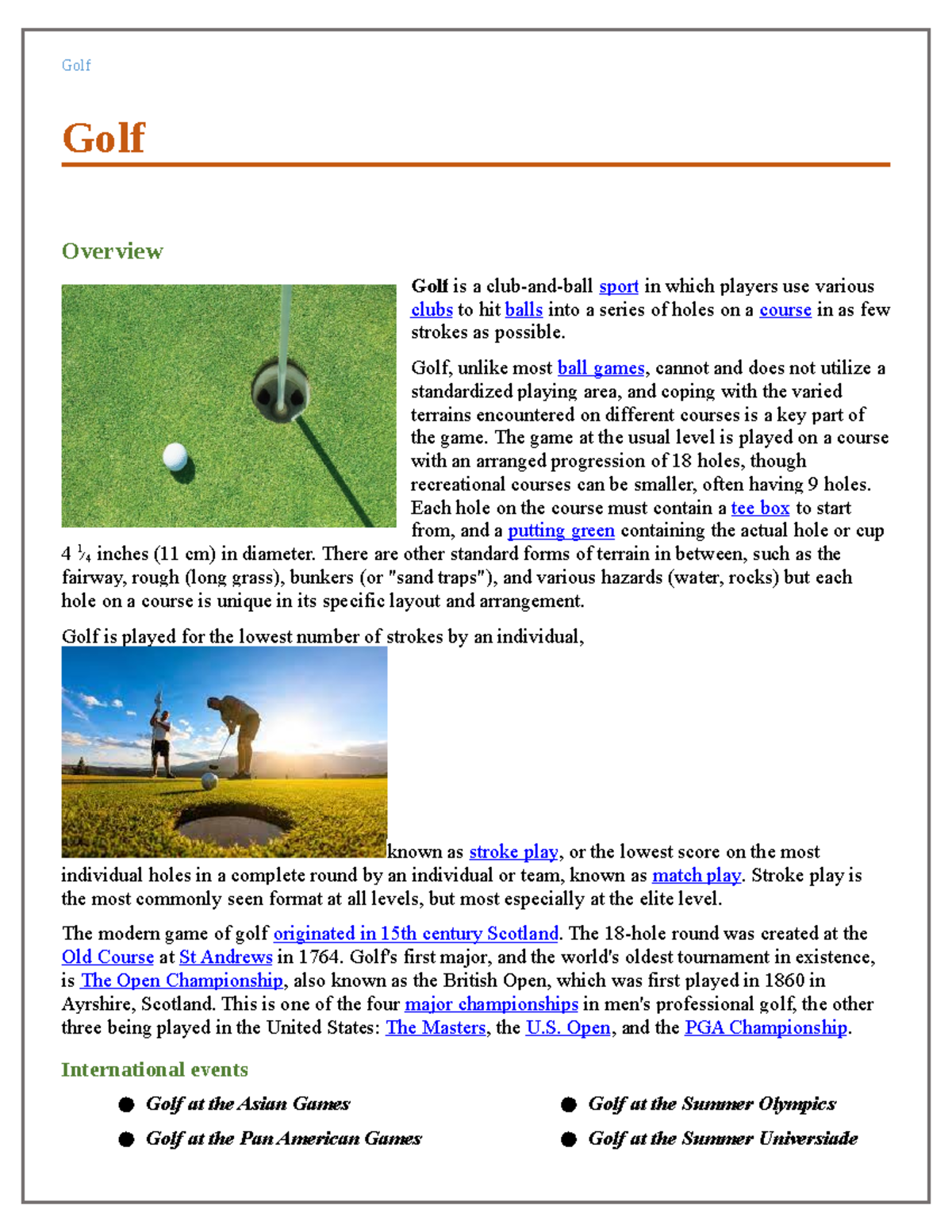 Test-4 document - ÂSA - Golf Overview Golf is a club-and-ball sport in ...