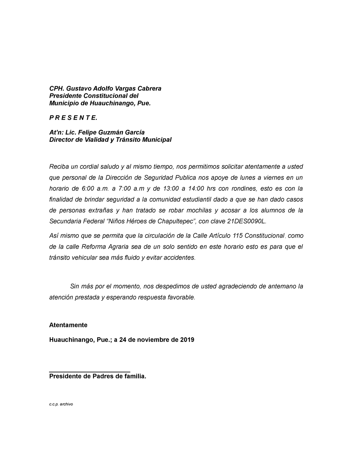 Oficio solicitud de patrullaje en la Secundaria - CPH. Gustavo Adolfo  Vargas Cabrera Presidente - Studocu