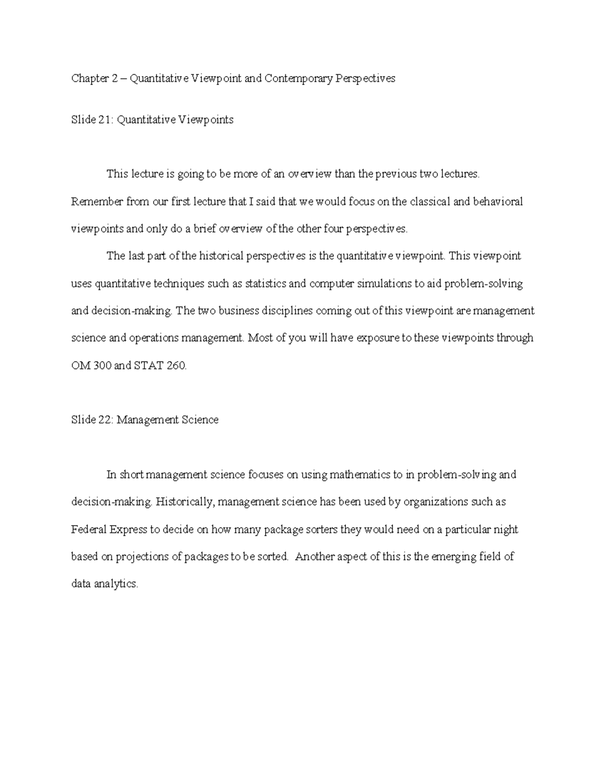 Chapter 2 Notes - Quantitative Viewpoint and Contemporary Perspectives ...
