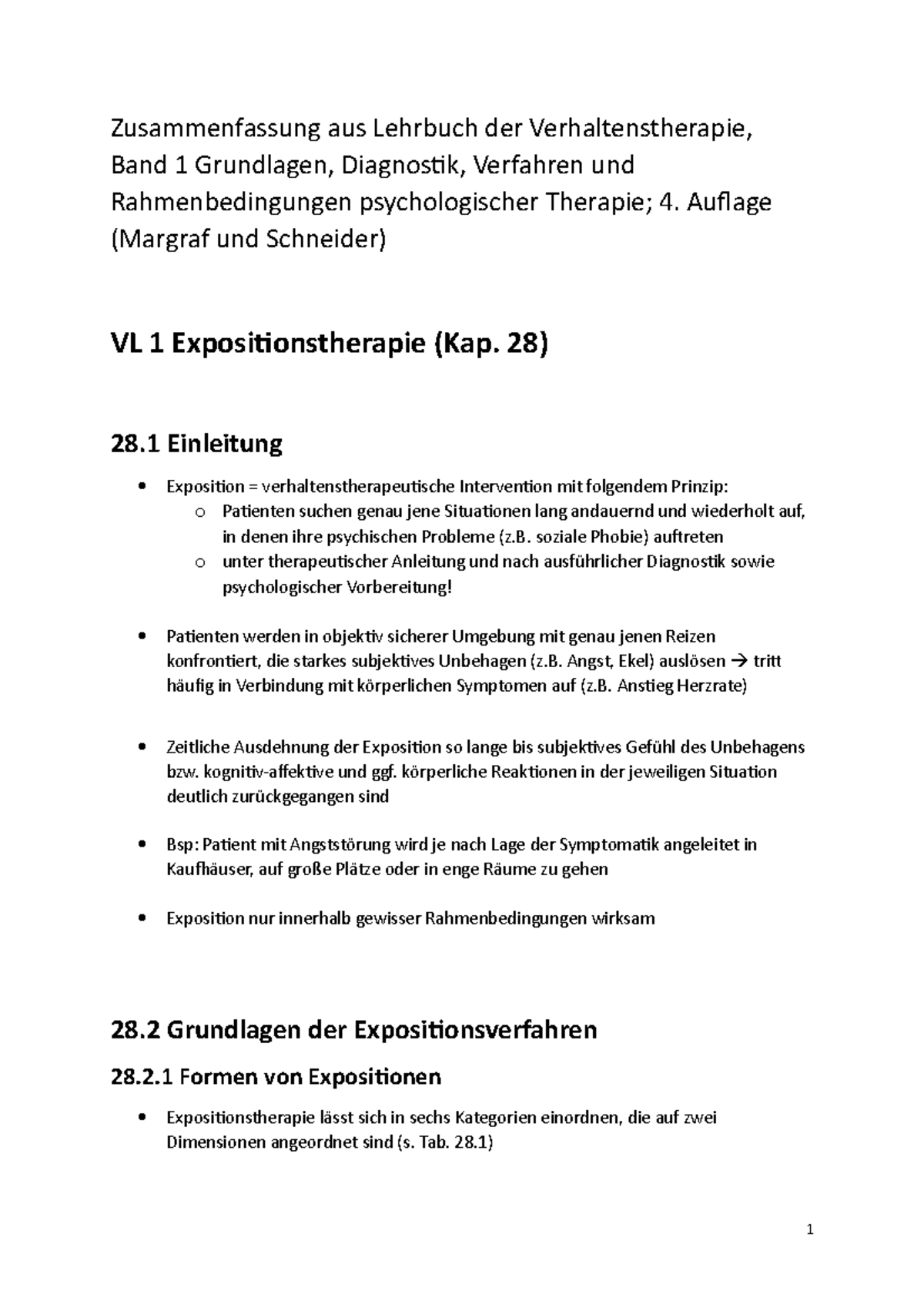 VL 1 Expositionstherapie - Zusammenfassung aus Lehrbuch der ...