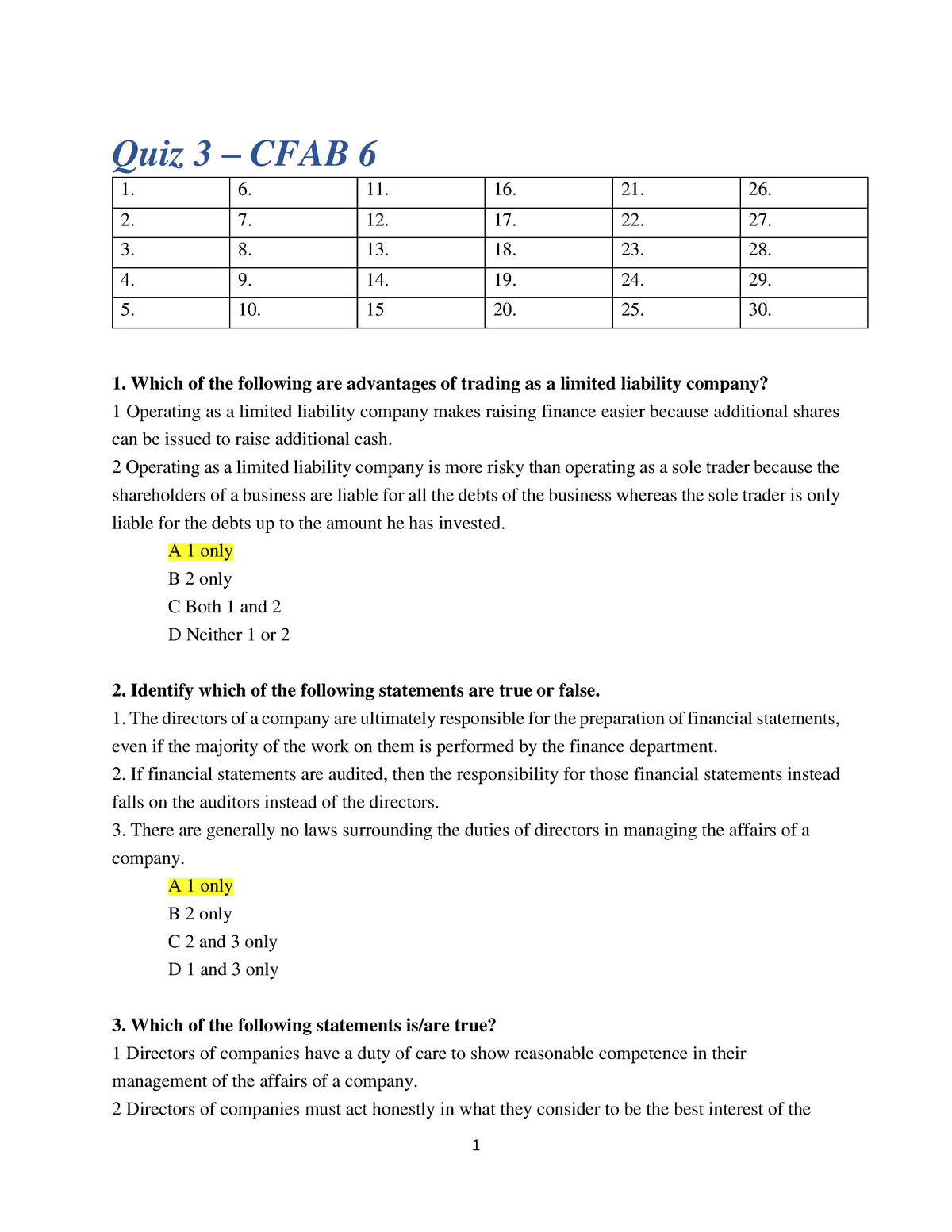 QUIZ 3 For Weekend . Ques - Quiz 3 – CFAB 6 1. 6. 11. 16. 21. 26. 2. 7 ...