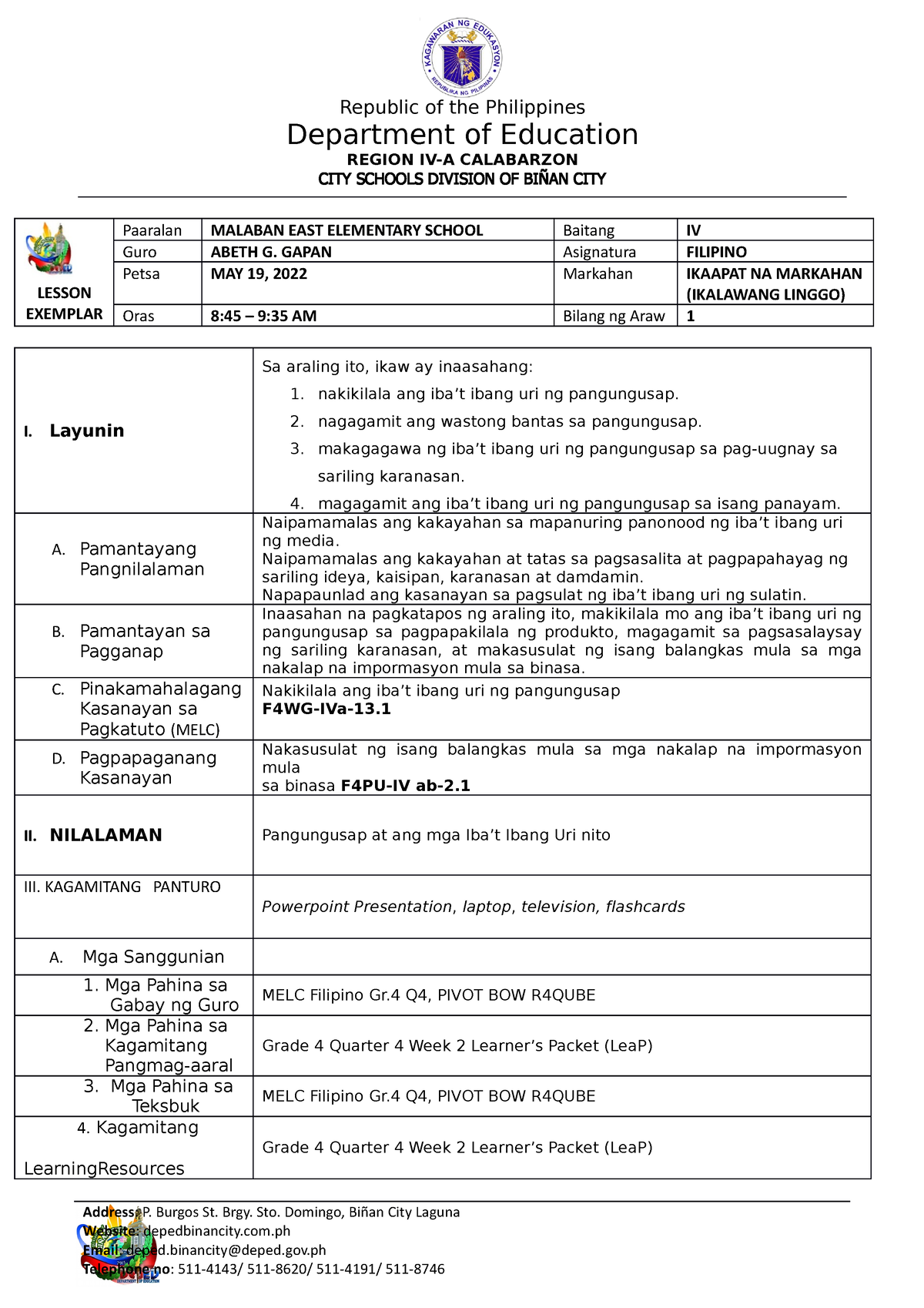 Filipino-4- Lesson- Exemplar-Q4-W2-APR-25-29-2022 - Copy - Republic Of ...