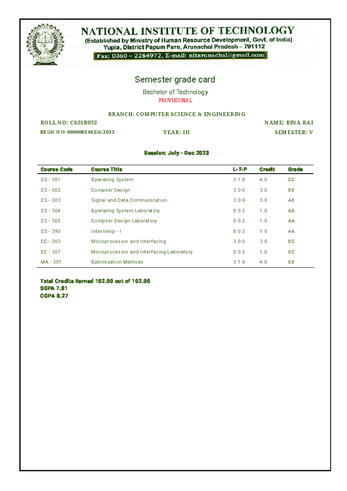 RESULT of my 5th sem - Semester grade card Bachelor of Technology ...