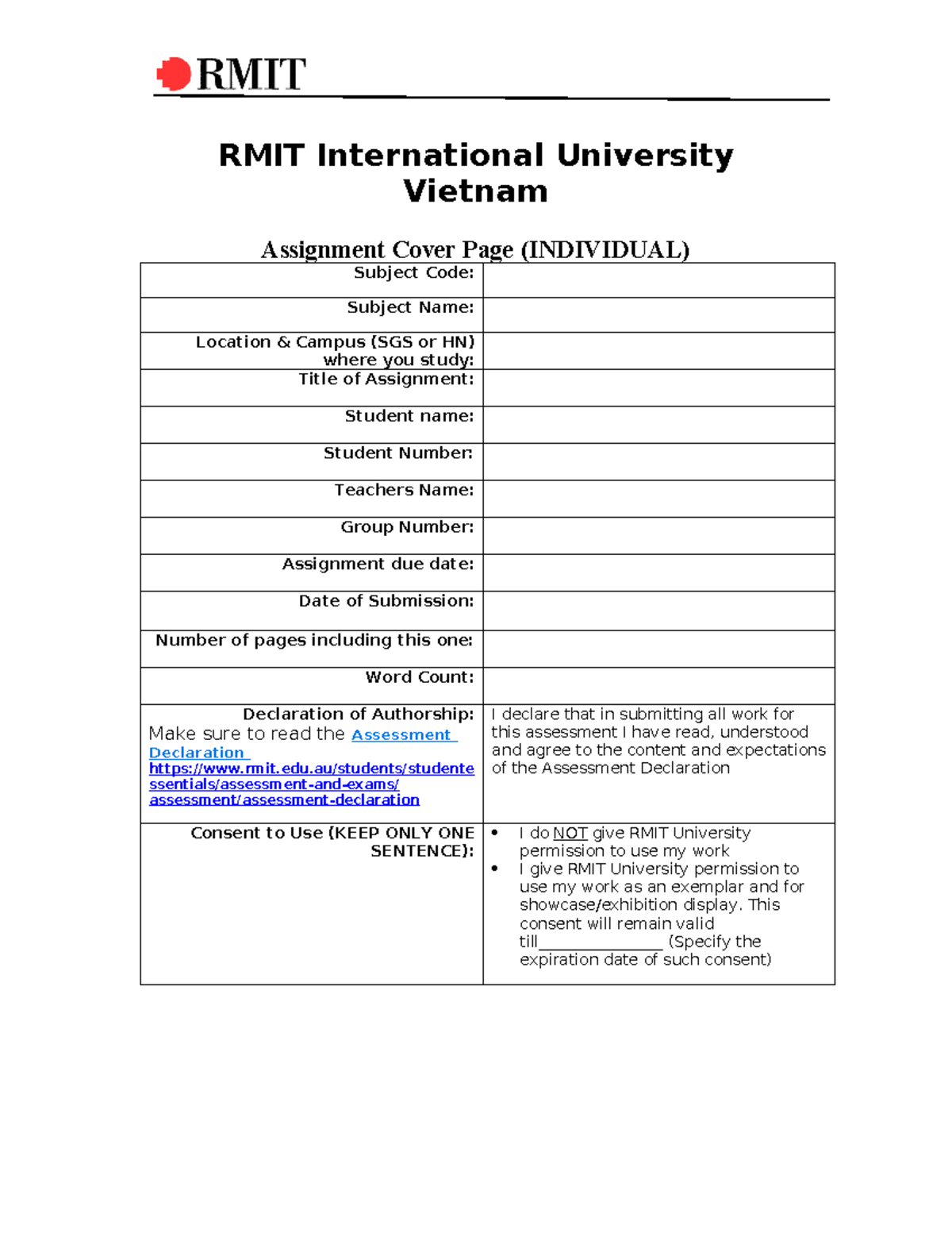 RMIT VN Cover Sheet Individual Work - RMIT International University ...