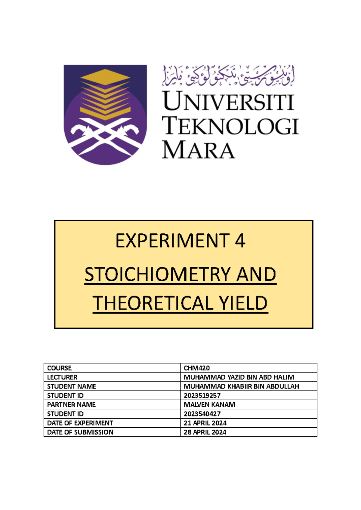 experiment 4 stoichiometry and theoretical yield