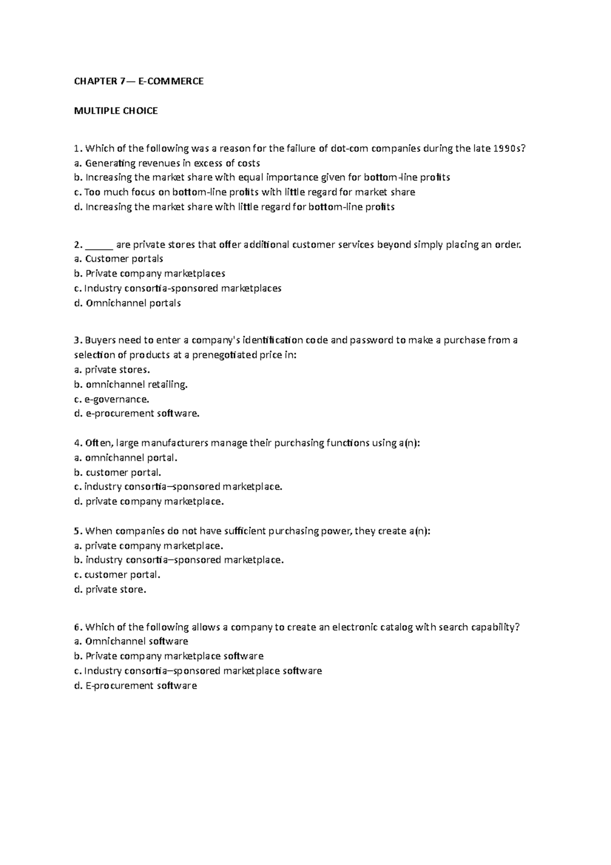 Chapter 07 - E-business Quiz - Chapter 7— E-commerce Multiple Choice 