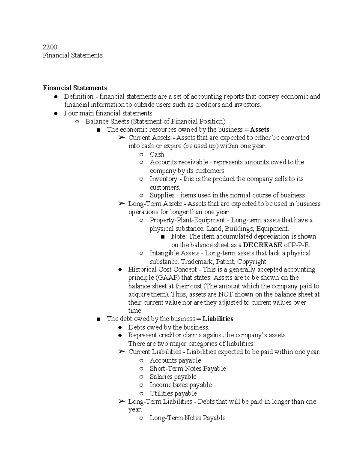 2200 W1 Lecture notes 1 2200 Financial Statements Financial