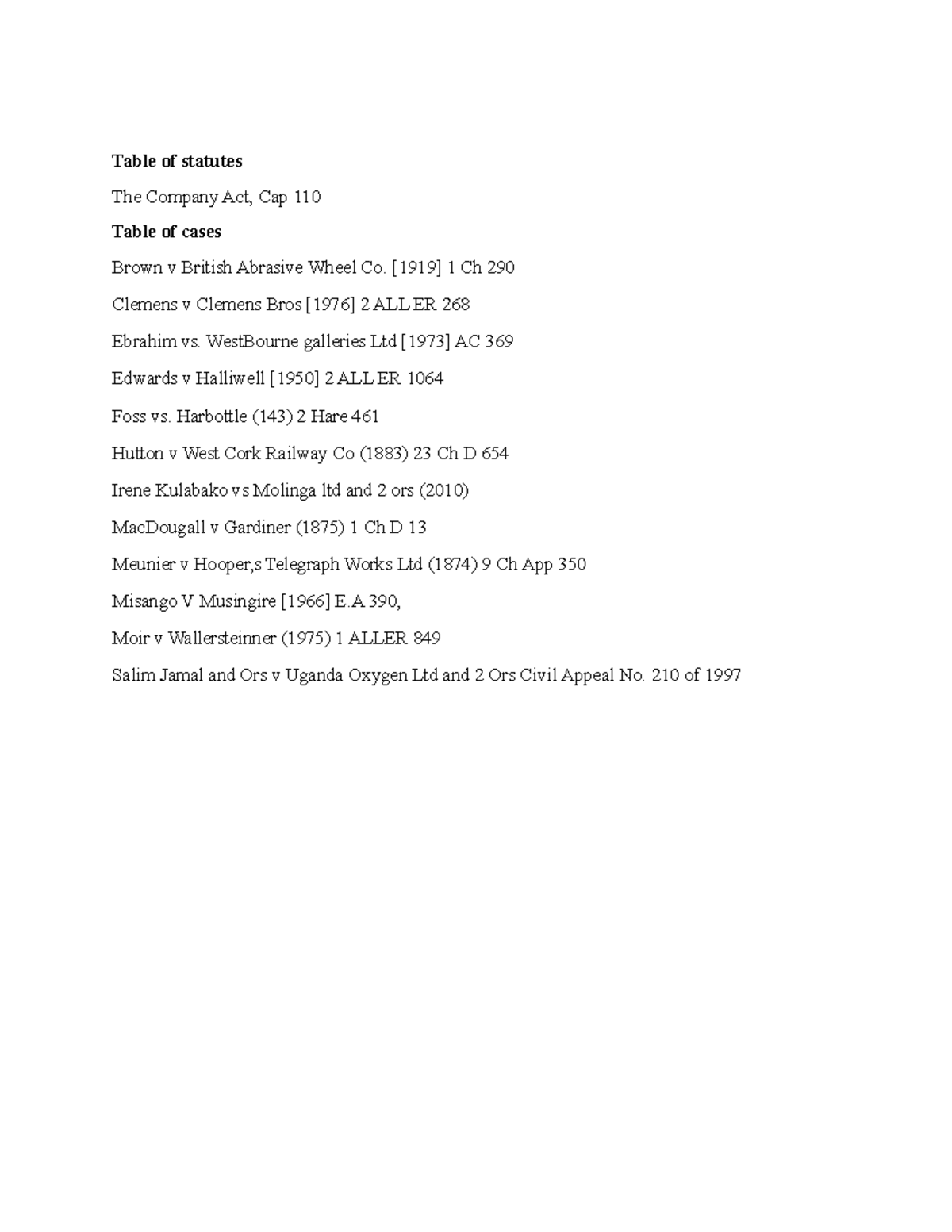 001 Table of statutes The Company Act, Cap 110 Table of cases Brown v